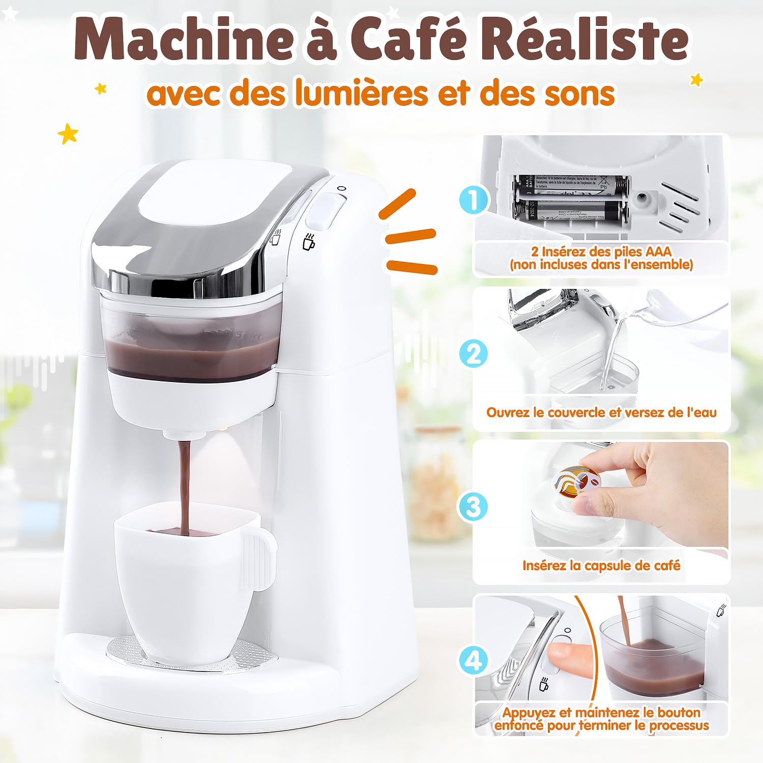 PLAY Ustensile Cuisine Enfant Accessoire avec Cafetiere, Mixer, Blender et Grille Pain Jouet avec Eclairage et Son Réalistes, Set de Cuisine Jouet pour Enfant 3+ Ans (Blanc)