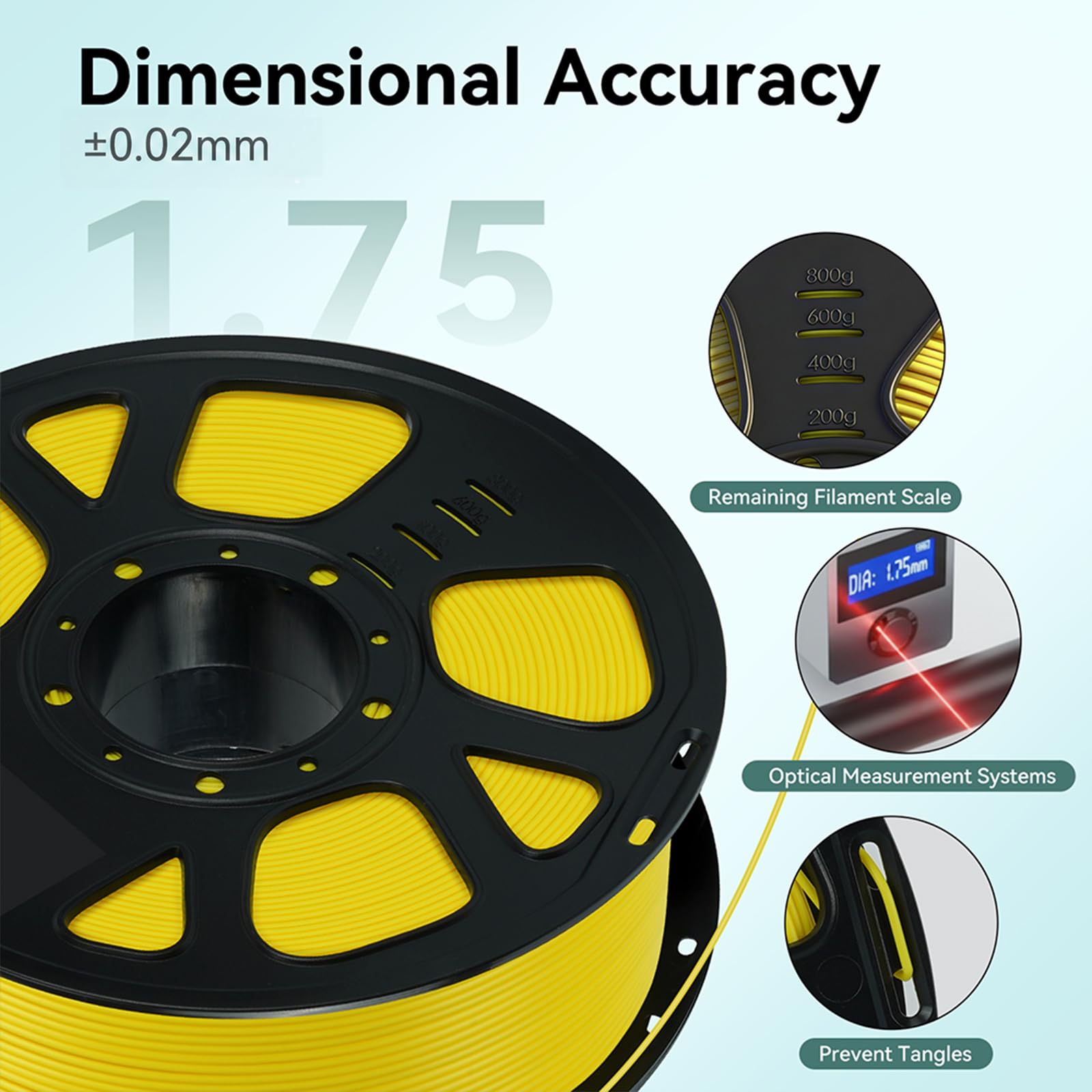 Kingroon Filamento PLA de 1,75 mm, filamento PLA para impresora 3D, precisión dimensional +/- 0,03 mm, bobina de 10 kg (22 libras), negro, marrón, gris, amarillo, verde, lila, plata, azul cielo