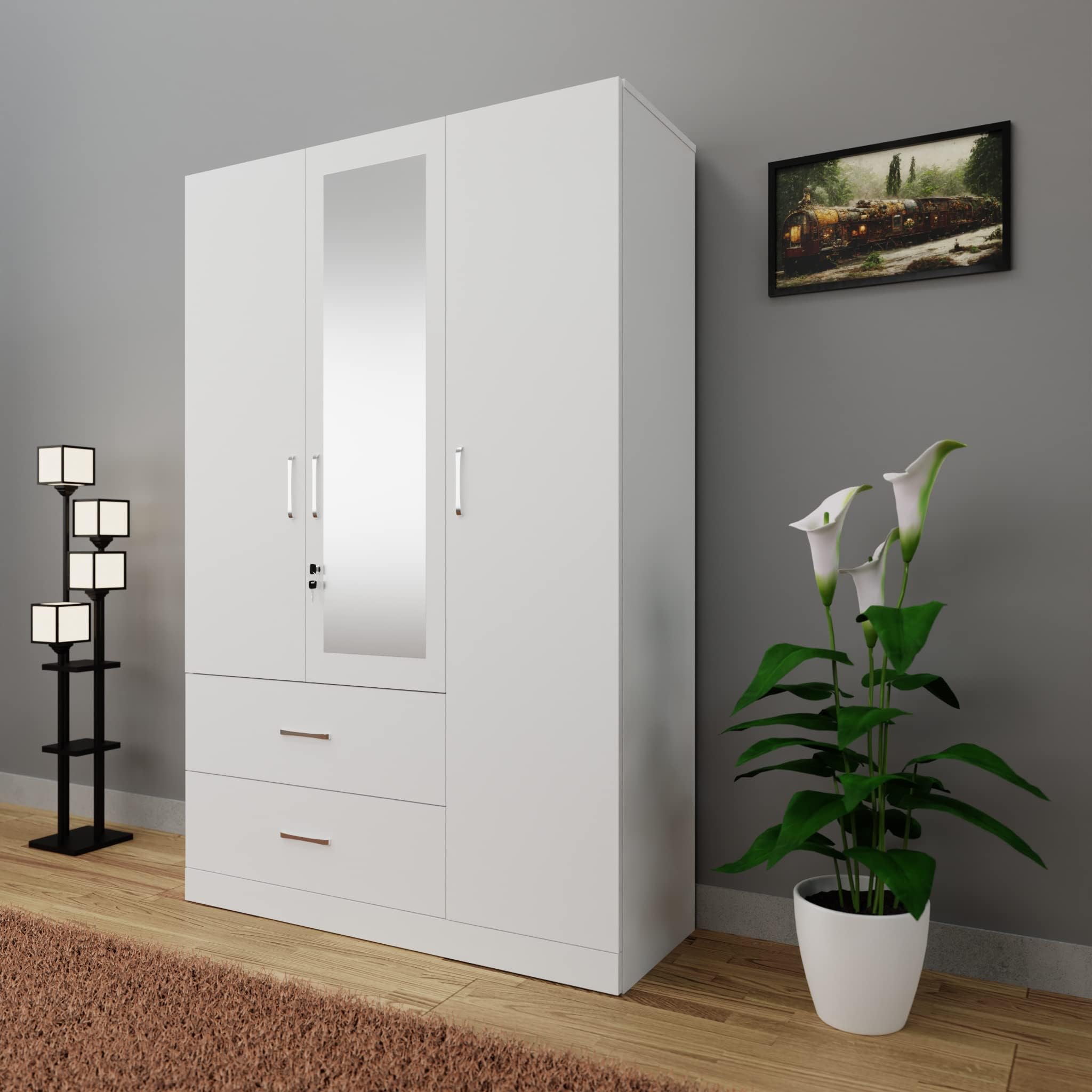 VIKI Wardrobe | Wooden Almirah for Clothes,Door for Bedroom, 3 Door Wardrobe with Drawer, Mirror & Hanging Space (Frosty White - 40D x 120W x 180H) | 1 Year Warranty | Free Assembly