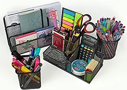 Kit 4 Organizadores de Mesa Metal Escritorio Porta Treco Organizador Canetas Lápis Bloco de Notas Carta Clipes Escolar (Preto)