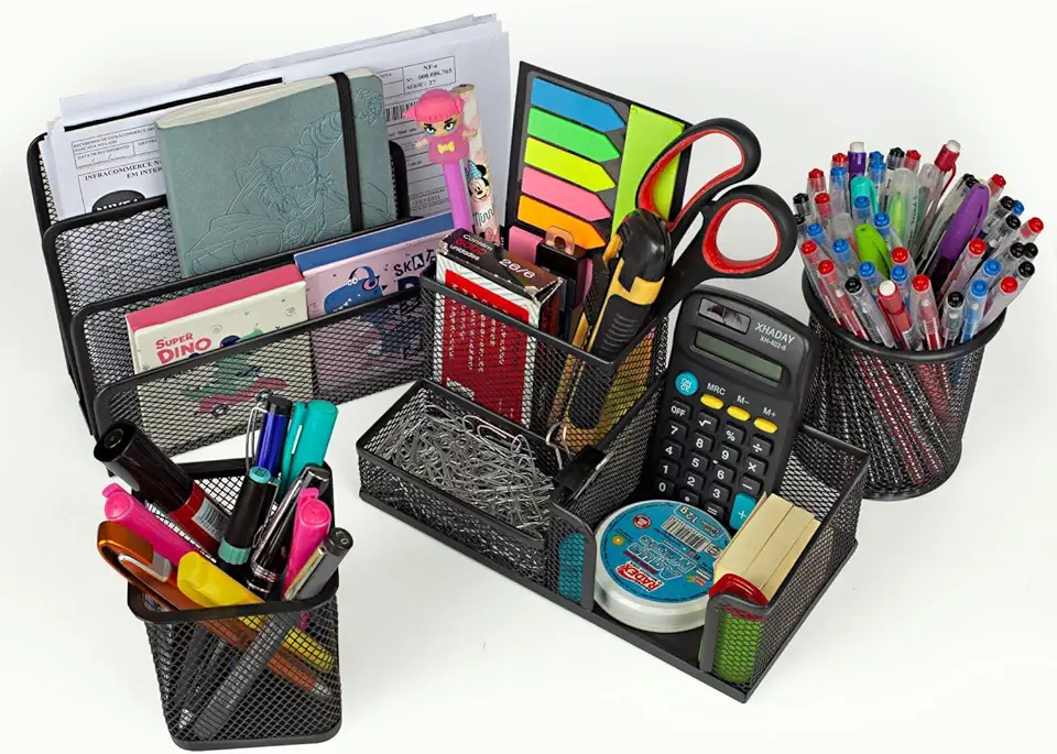 Kit 4 Organizadores de Mesa Metal Escritorio Porta Treco Organizador Canetas Lápis Bloco de Notas Carta Clipes Escolar (Preto)