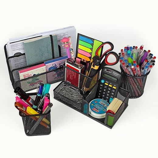 Kit 4 Organizadores de Mesa Metal Escritorio Porta Treco Organizador Canetas Lápis Bloco de Notas Carta Clipes Escolar (Preto)
