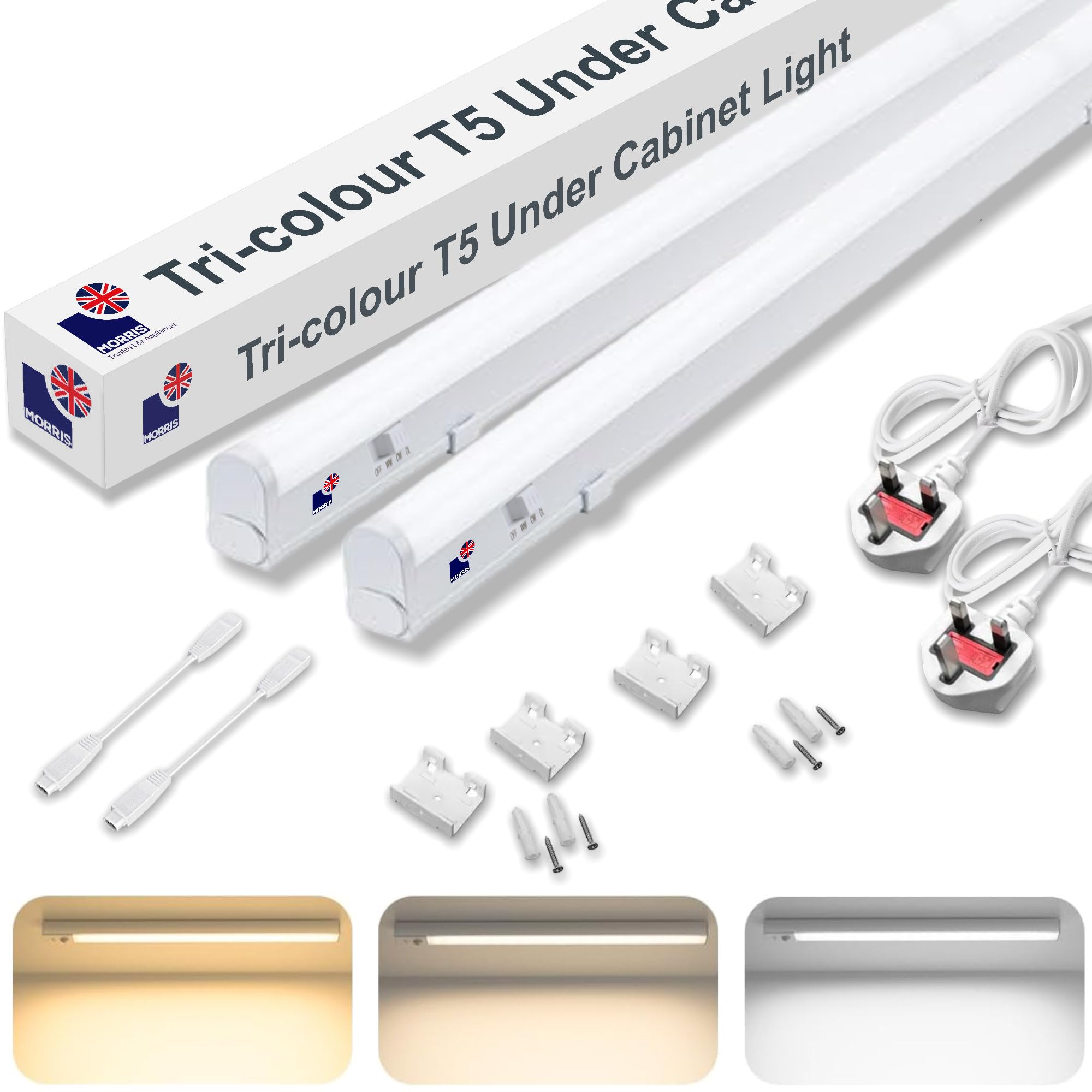 Morris LED Under Cabinet Light Linkable 3 Colours in 1 3000k/4000k/6500k Kitchen Light - UK Plug Included - 288mm, 550mm, 850mm,1150mm (1150mm, 2 Pack)