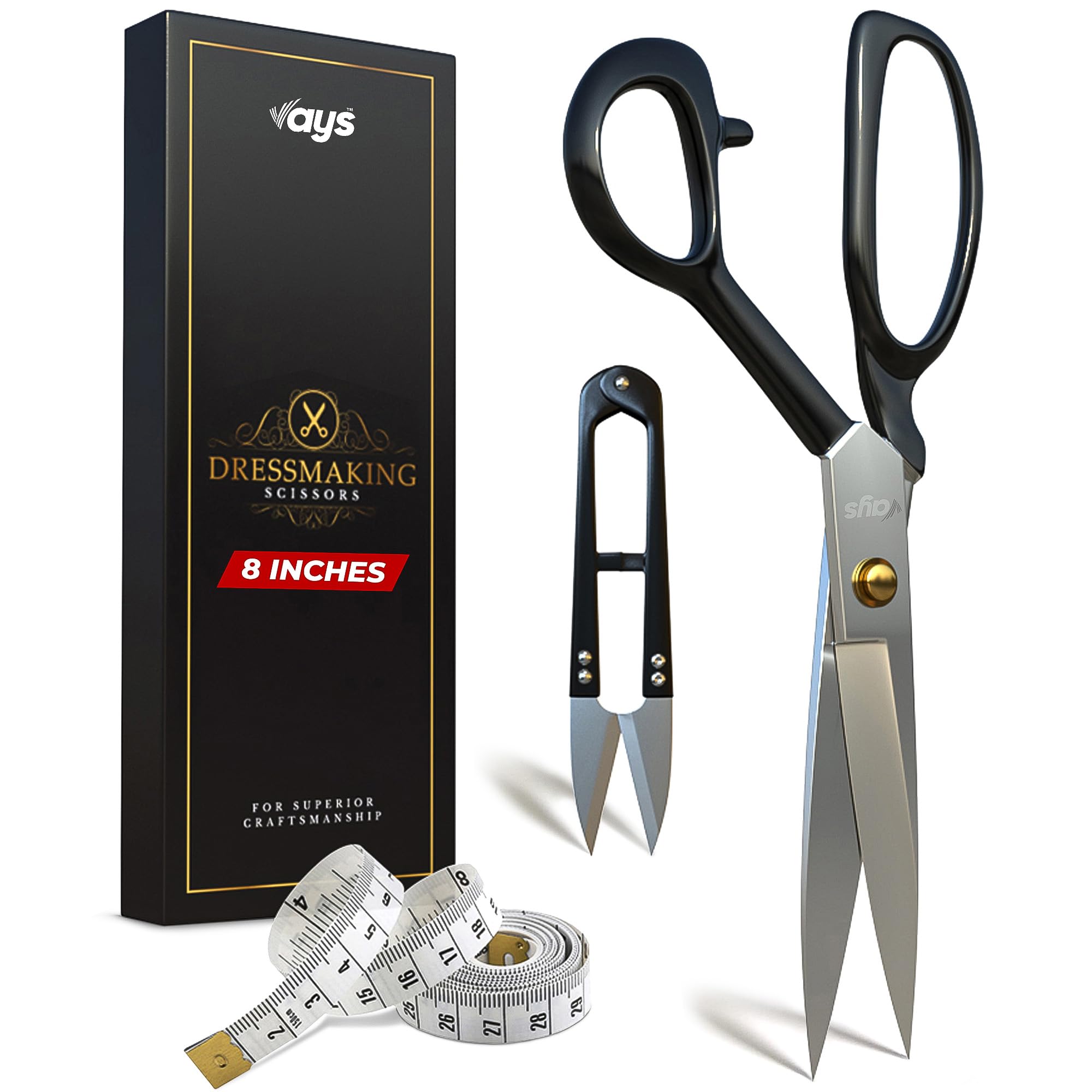 VAYS Fabric Scissors 8 Inch Premium Dressmaking Scissors for Sewing Tailoring & Crafting - with Sharp Thread Nipper & Measuring Tape - Ideal for Felt Leather Thin Metal