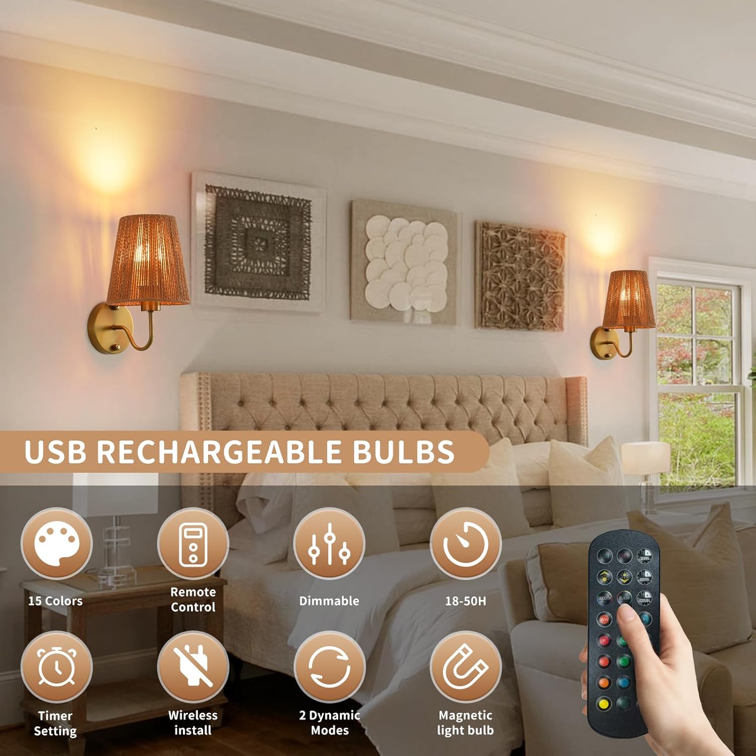 Boho Battery Operated Wall Sconces Set of 2, Gold Rattan Shade Wireless Wall Lights with Remote Rechargeable Bulbs, 15 Colors and Dimmable, Cordless Battery Powered Wall Lamp for Living Room Bedroom