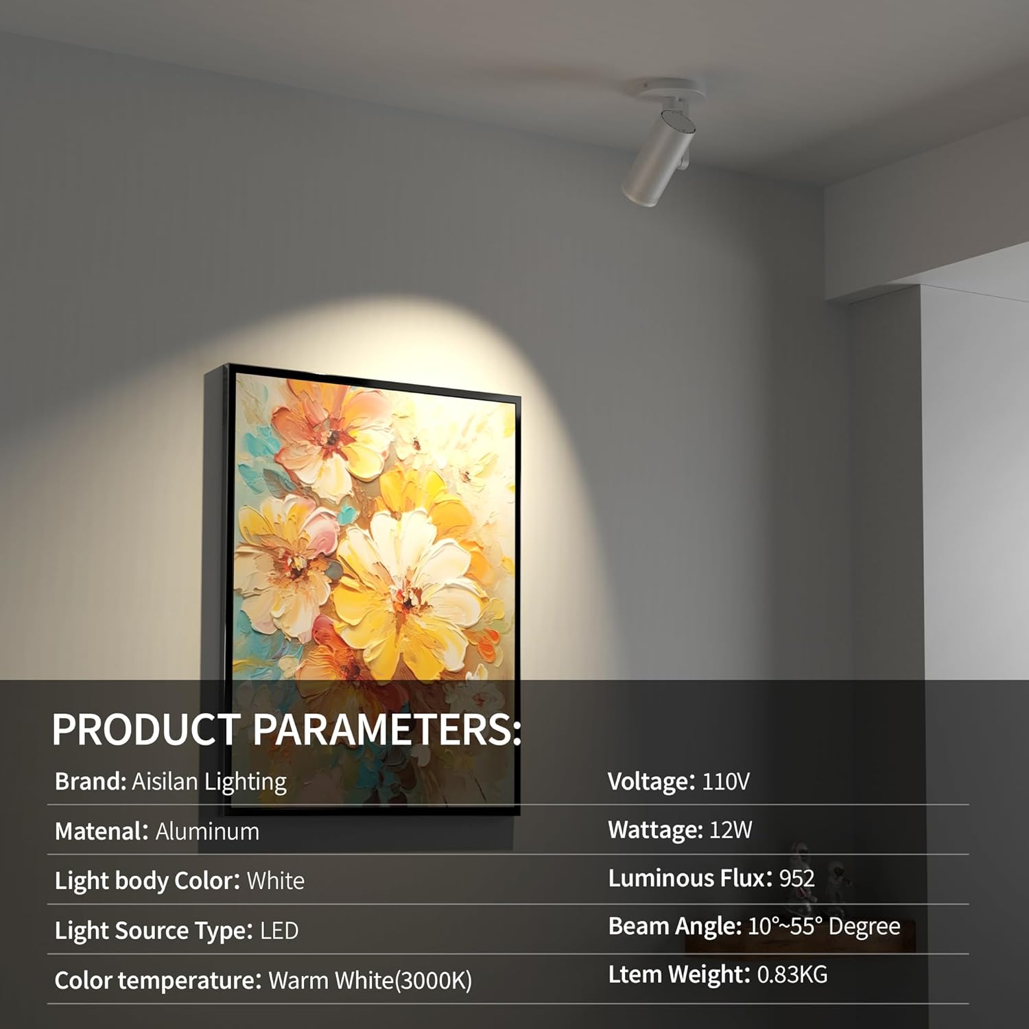 Aisilan 12W LED Zoomable Ceiling Spotlight, Dimmable Surface Mount Adjustable 10°-55° Beam, CRI97 3000K Warm White, Flicker-Free Accent Light for Pictures on Wall, Living Room, Hallway, White 2 Packs
