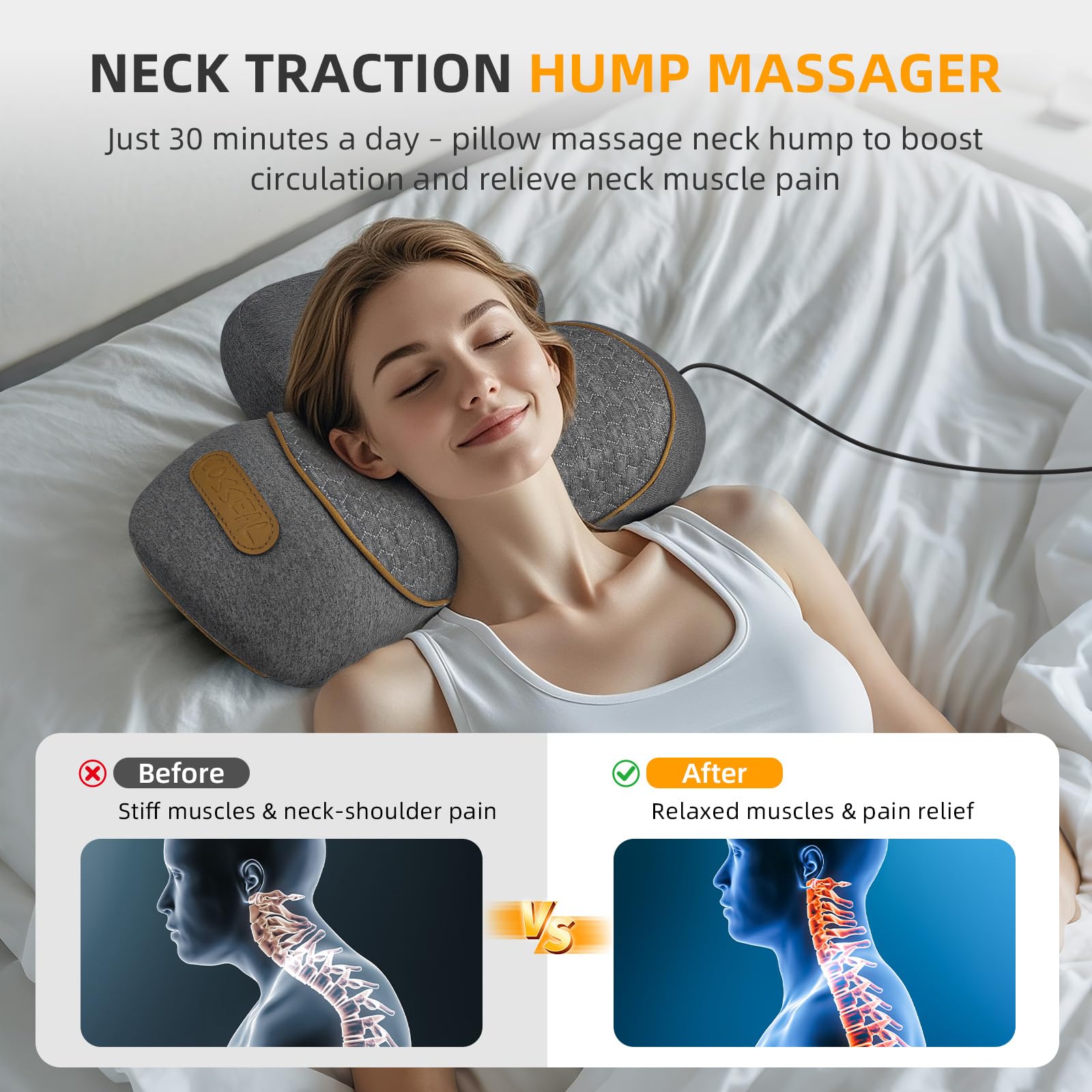 3-in-1 Nackenmassagegerät Kissen mit Wärme & Traktion, Tiefengewebe Zervikale Traktionsgerät für Nacken-Buckel-Korrektor, Schulter- & Oberer Rücken Schmerzlinderung, Entspannende TheraPillow