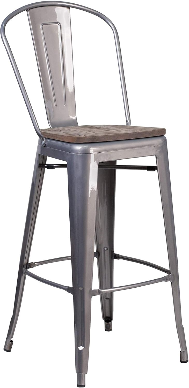 Flash Furniture Lincoln 30" High Clear Coated Barstool with Back and Wood Seat