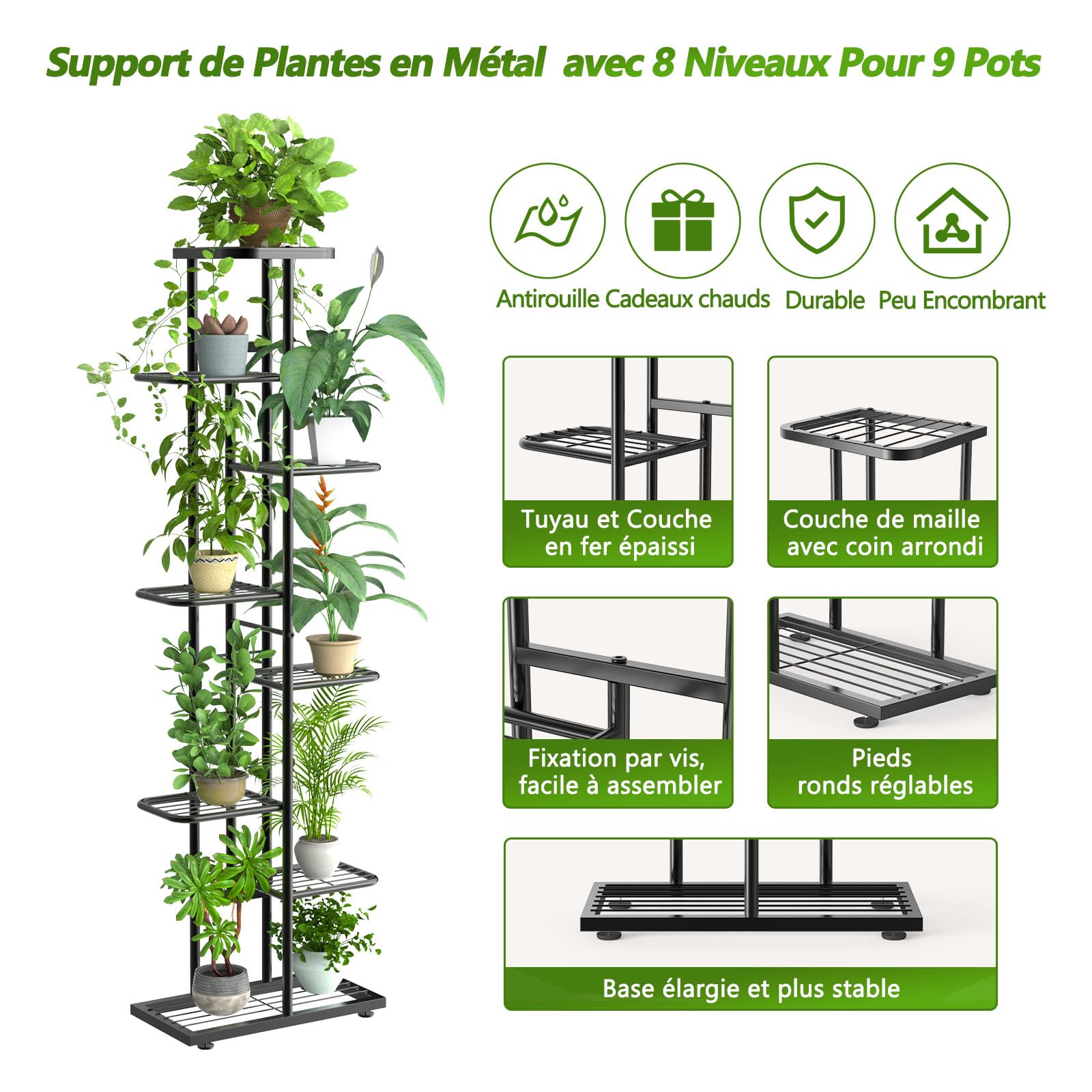 Support pour Plantes à 8 Niveaux avec Outils de Jardinage et Gants, 141cm Porte Plante Interieur en Métal pour Plusieurs Plantes, Étagère Plante Étagère à Fleurs pour Balcon Jardin, Noir