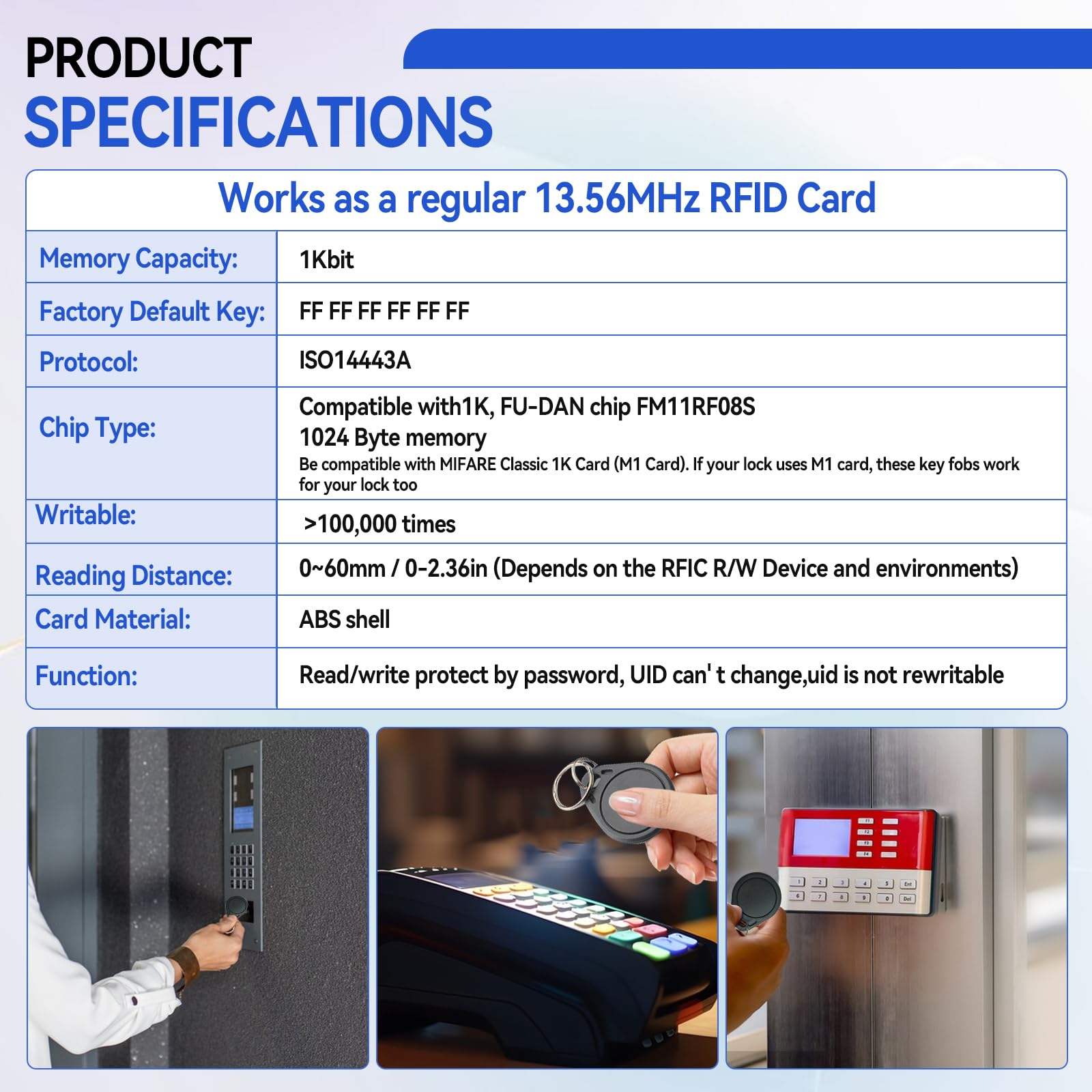 Tarjetas RFID 13.56 MHz ISO14443A, Llaveros no clonables, Control de Acceso Oficina (Negro, 50)