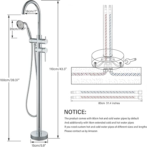 Miniatura 8 de Grifo de bañera de montaje en el suelo, relleno de bañera independiente, acabado cromado, grifo de ducha giratorio de alto flujo con grifos