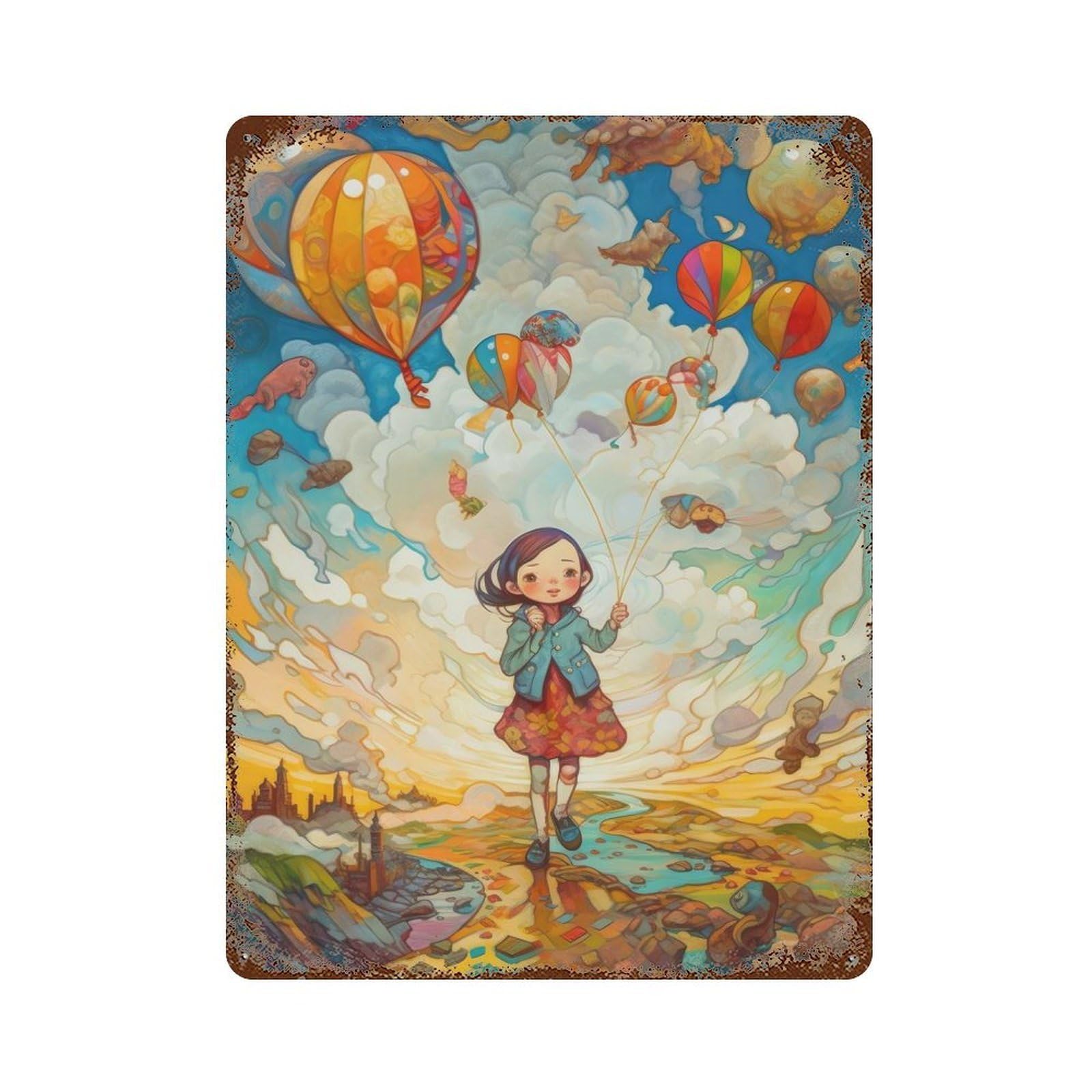 Garage Style Cute Oil Painting Balloons Rustic Tin Plaque 15.7"x11.8", Classic Wall Plaque for Bar And Workshop