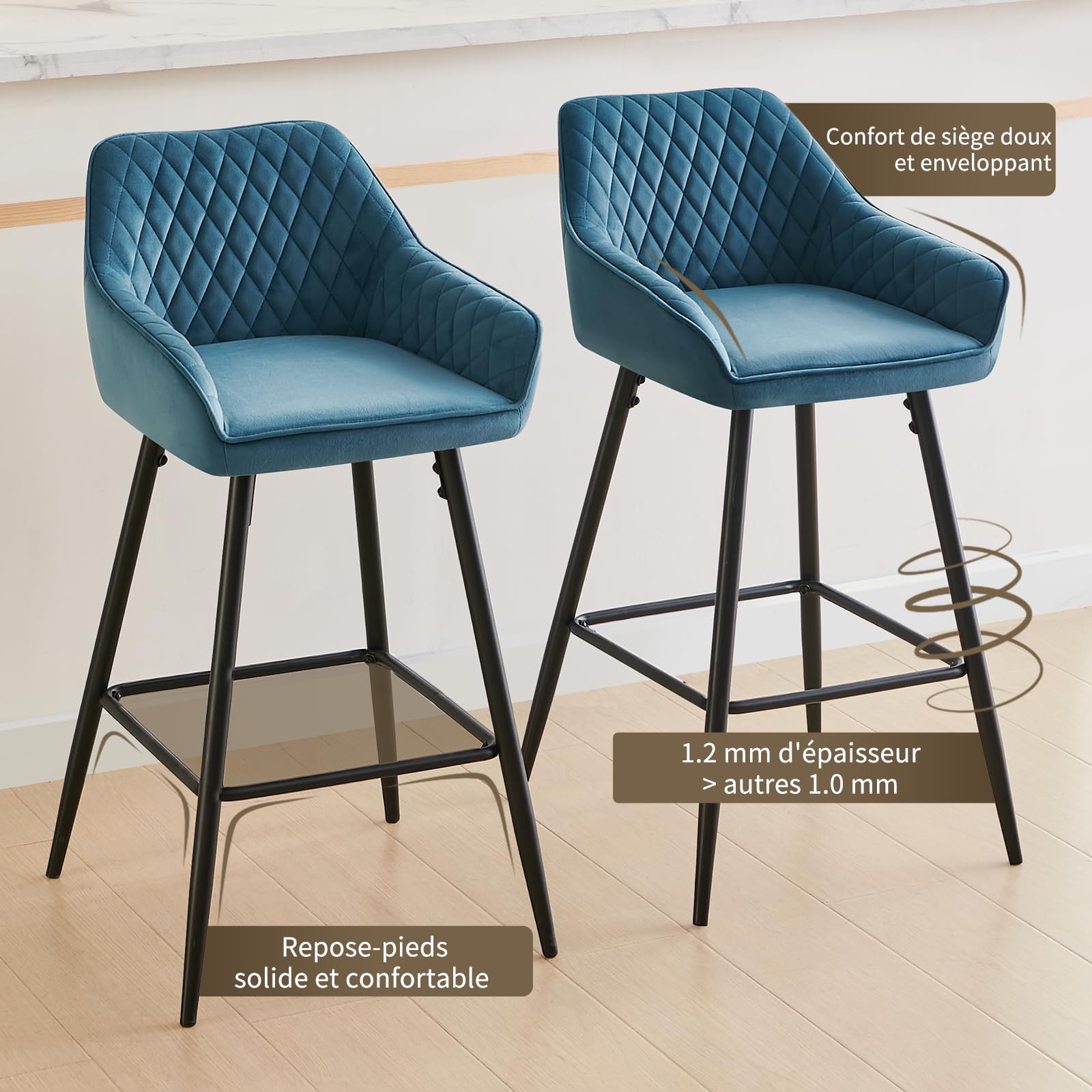 Lot 4 Tabourets de Bar Bleu-Vert, Chaises de Salon, Chaises de Bar, Siège en Velours avec Dossier, Accoudoir et Repose-Pieds Métallique pour Bistrots,Bar,Bureau (4, Bleu-Vert)