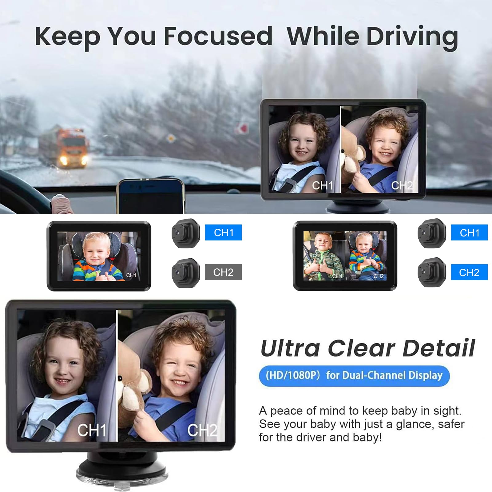 Baby Car Camera, 5inch 2 1080P HD Car Mirror Baby Rear View with IR Night Vision, 120° Wide View, for 2 Babies Kids Pets - Image 3