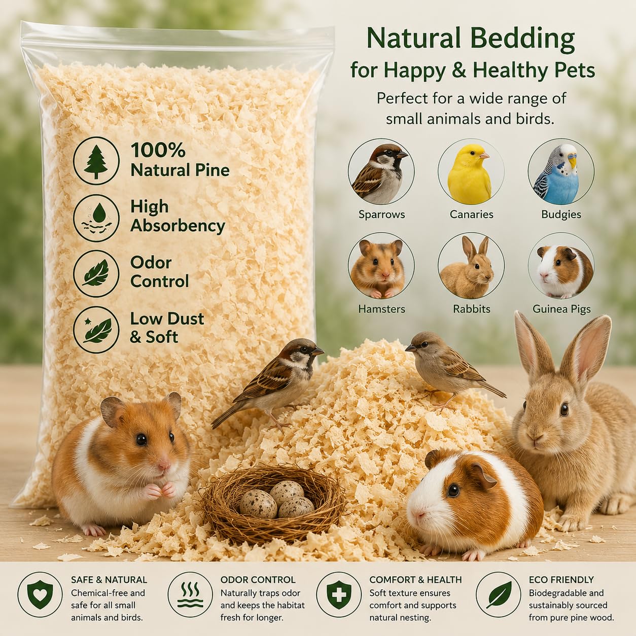 Sparrows Daughter 100% Natural Pine Wood Shavings Bedding | Odor Control High Absorbency Low Dust | Nesting Material for Sparrows Canaries Budgies Hamsters Rabbits Guinea Pigs | 100g 2