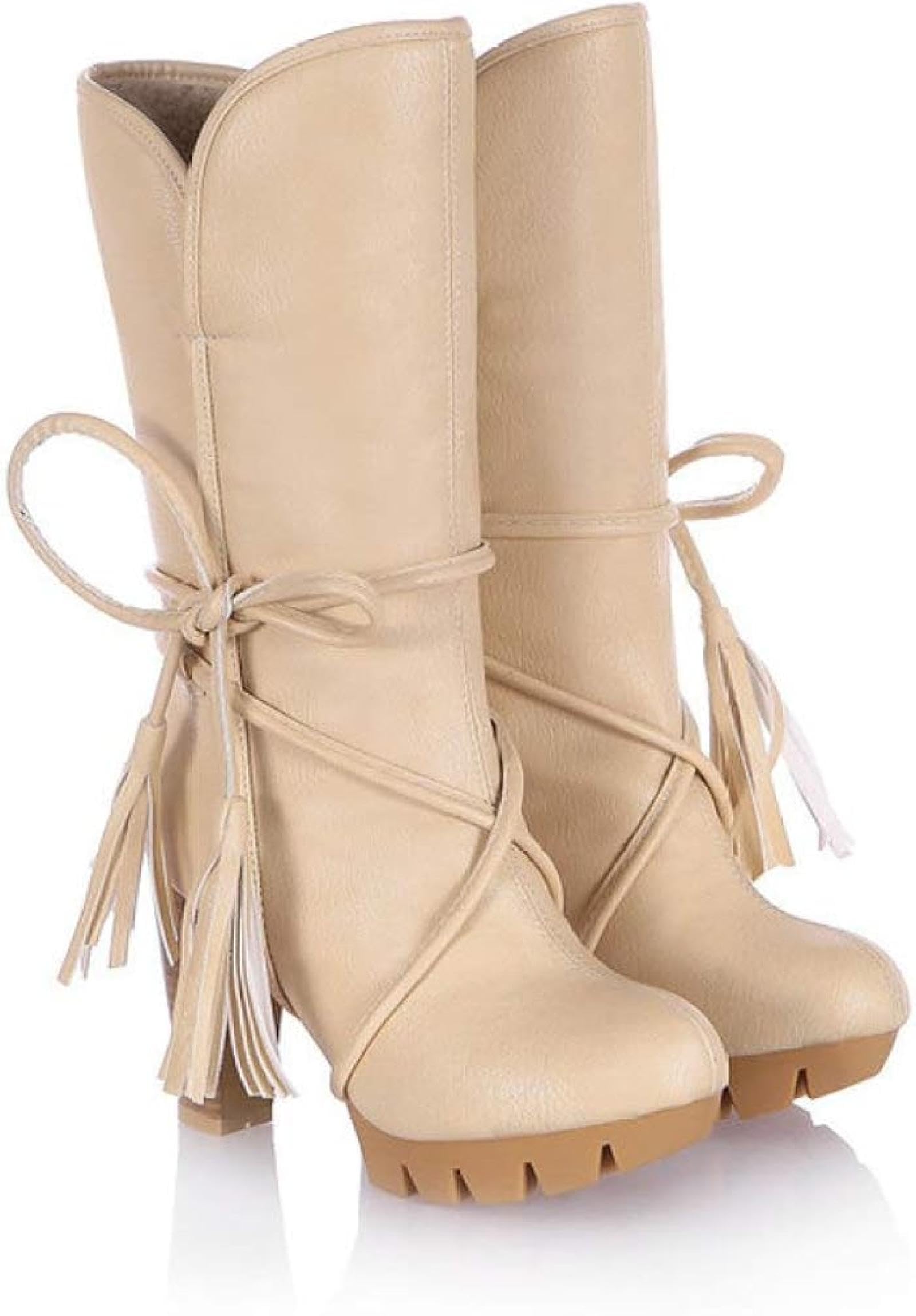 Womens Square Knee High Heel Round Head Skating Boots PU Leather Plush Lining Shoes