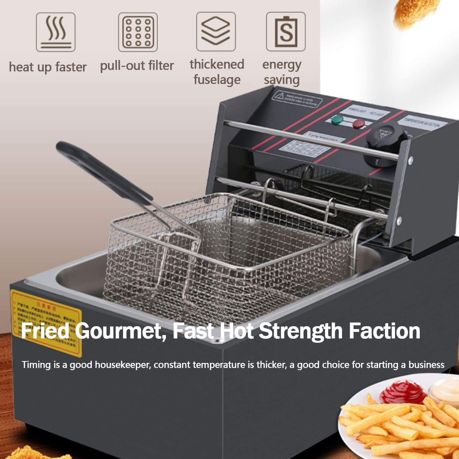 Freidora eléctrica con Cesta extraíble y Resistencia Profesional, sartén Antiadherente y Controles de Temperatura Ajustables, fácil de Limpiar, para Uso doméstico y Comercial.