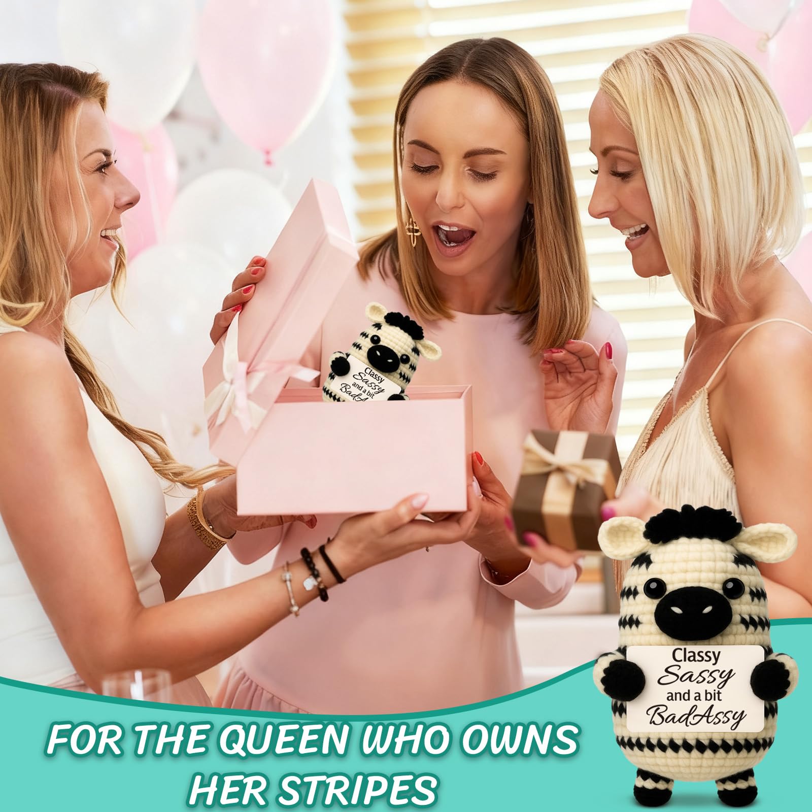 Funny Gifts for Women Men, Birthday Friendship Gift for Coworker, Work Bestie, Boss, Handmade Crochet Zebra, Sassy Badass Sign for Best Friend, Unique Desk Decor