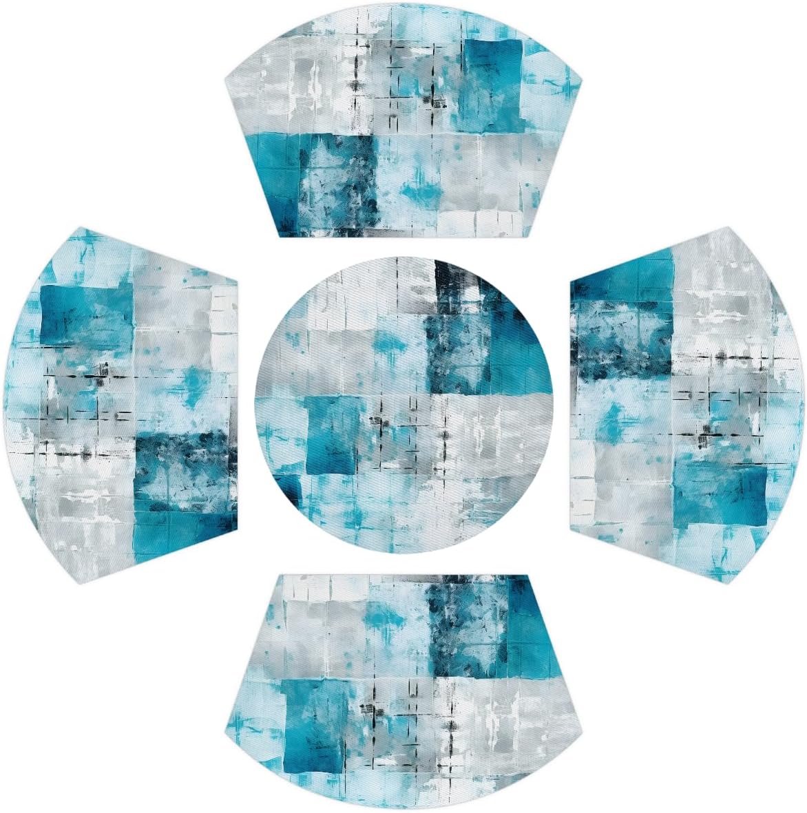 Turquoise Grey Abstract Painting PVC Wedge Placemats for Round Table Set of 5, Heat Resistant Dining Table Mats with Center Round Mat, Washable Non-Slip Place Mats