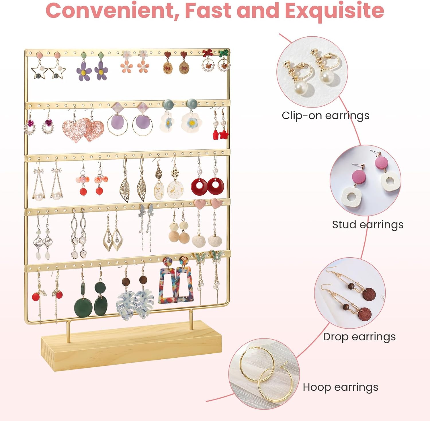 Jewelry Organizer, 5 Tiers Earring Organizer with 120 Holes for Storing and Displaying Earrings of Various Styles, Models and Sizes, Removable Wooden Base for Home and Store Use