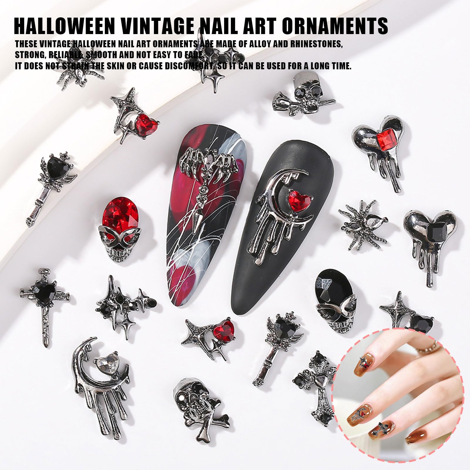 Halloween Nail Charms,32PCS Skull Skeleton Spider Cross Moon Heart Nail Rhinestones and Gems,Silver Alloy Nail Art Jewelry Decoration for DIY Halloween Nail Design Crafts - Image 3