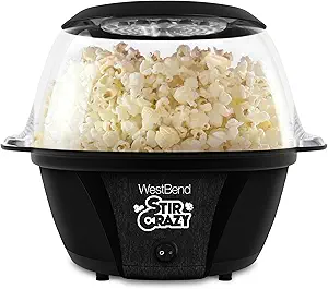 West Bend Stir Crazy Hot Oil Popcorn Popper, Popcorn Maker Machine with Large Serving Bowl Lid and Stirring Rod Perfect for Movie Night Snack Time or Parties, 6-Quart, Black