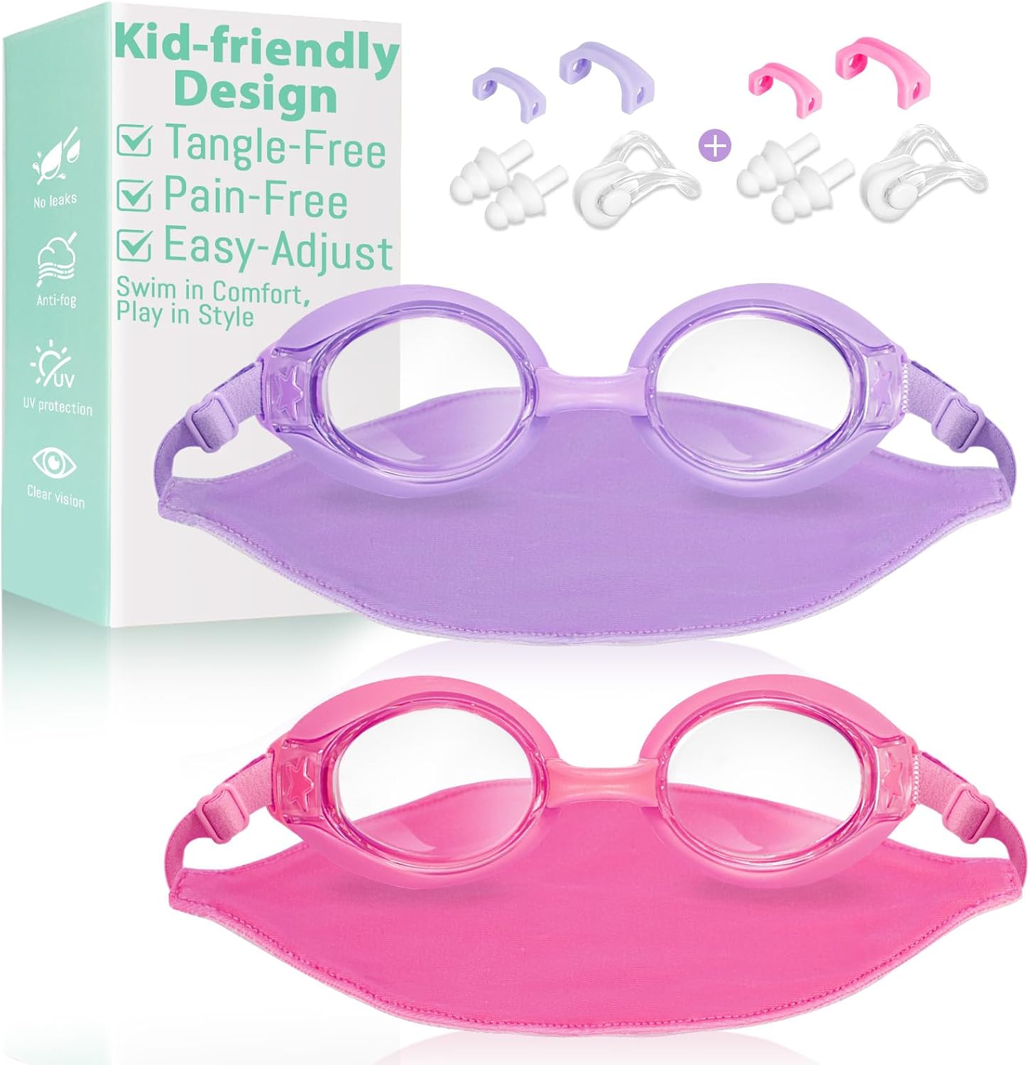 Pixel Panda 2 Pack Kids Swim Goggles with Fabric Strap for 3-14 Anti-Fog Anti-UV, No Leak No Hair Pulling Swimming Goggles