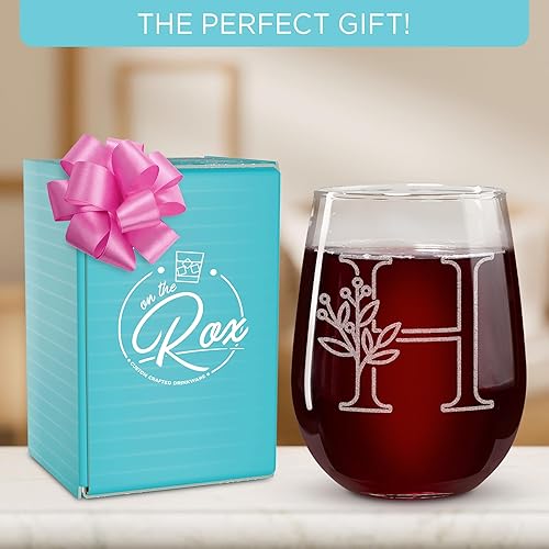 Miniatura 28 de On The Rox Drinks Regalos con monograma para mujeres y hombres – Letra A-Z inicial grabada monograma copa de vino sin tallo, regalo de vino