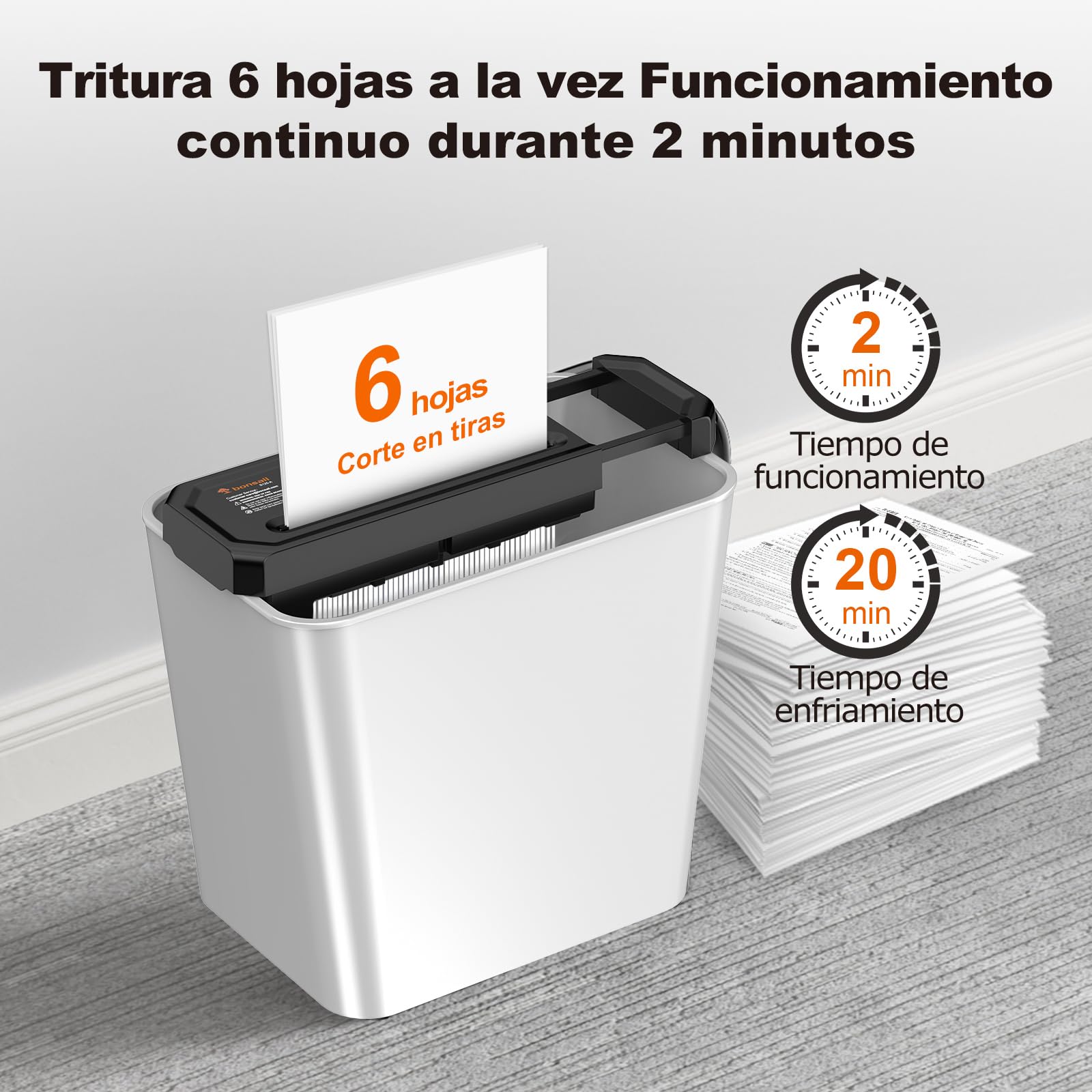Bonsaii Destructora de Papel de 6 Hojas con Corte en Tiras para Oficina en casa, con trituración de Tarjetas de crédito, Nivel de Seguridad P-2, Apta para Botes de Basura de 31,5–39,5cm, S125-A