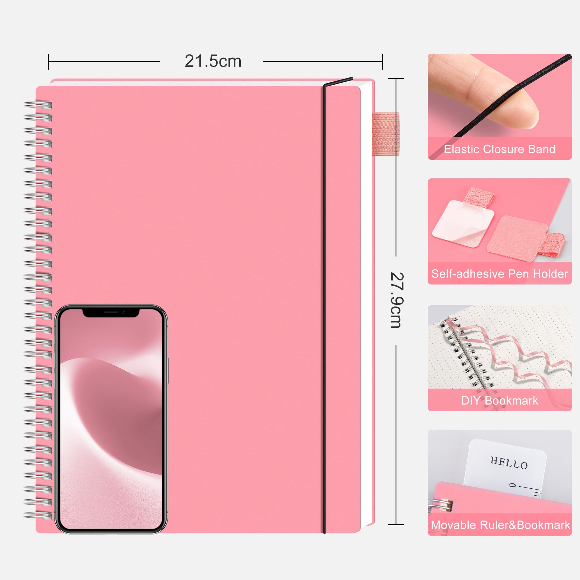 RETTACY A4 Notebook Bullet Dot Journal, Grid Dotted Notebook 110Pages /55 Sheets for Writing,Notepad with PVC Pocket - Image 2