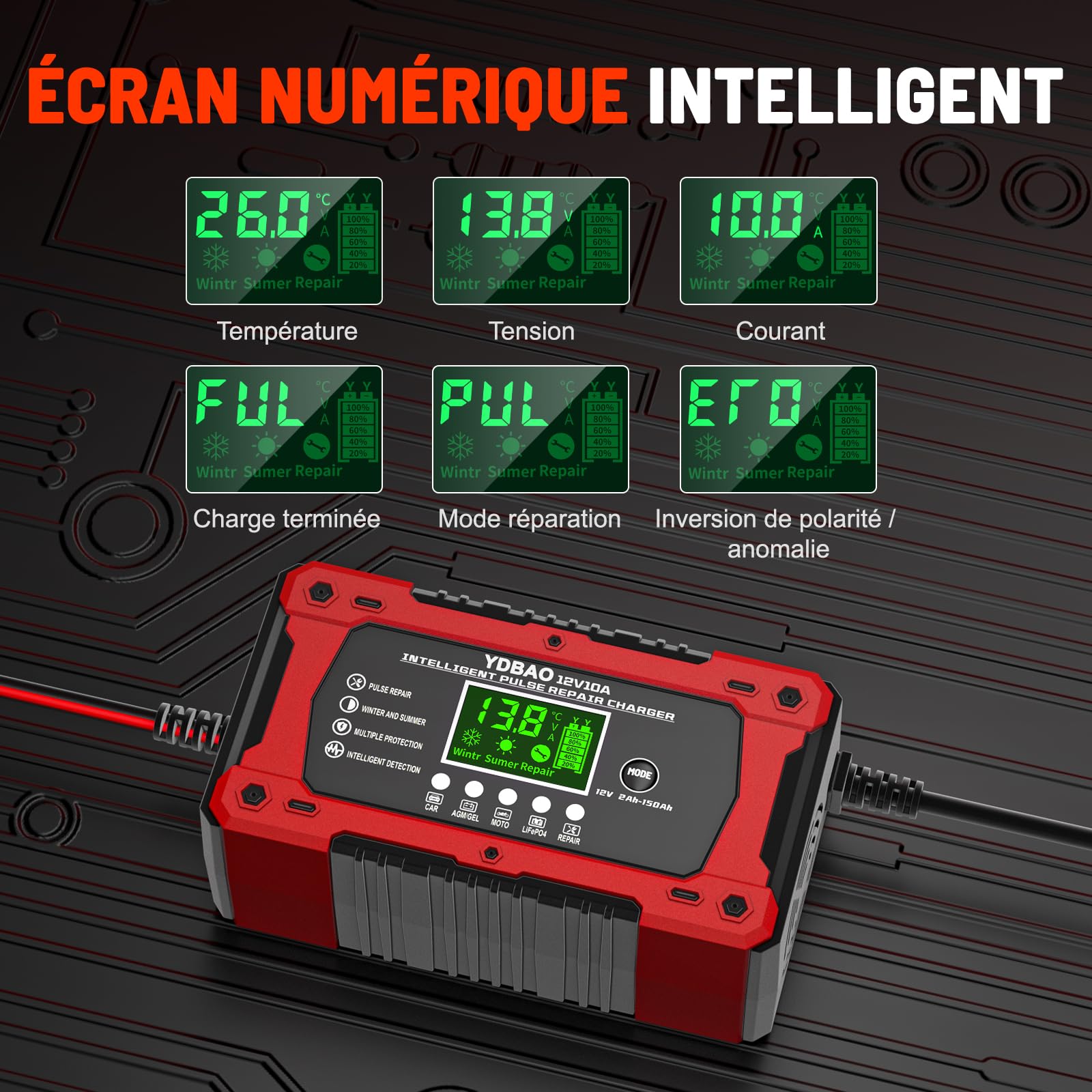 YDBAO Chargeur Batterie Voitures 10A 12V LiFePO4 Chargeur de Batterie Moto Auto Intelligent avec Réparation Écran LCD Mode Protection pour Voiture Moto Camion AGM Gel Wet SLA LiFePO4