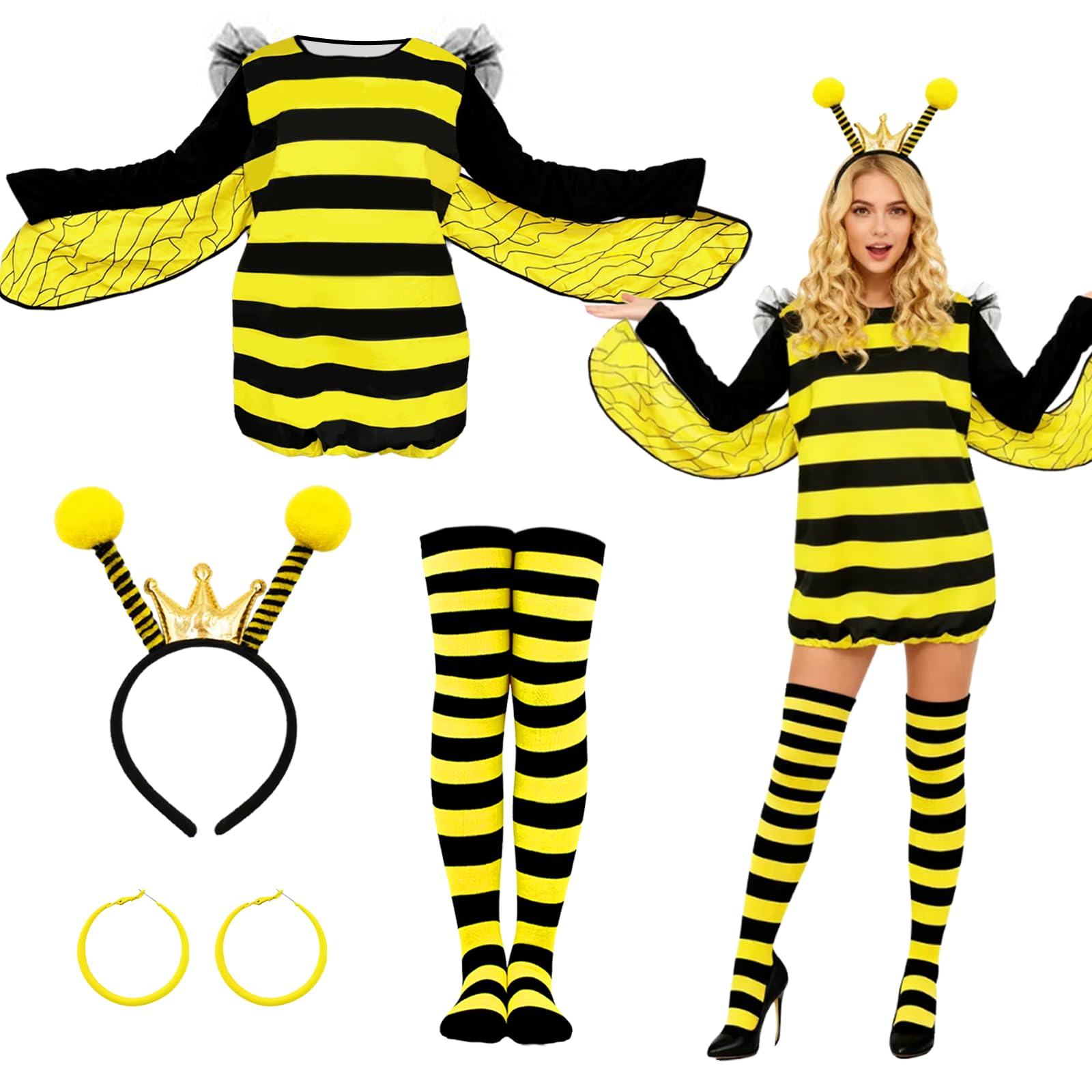 Bee Costume Women Bumblebee Fancy Dress Halloween Costume with bee Dress with Bee Wings Headband Knee-high Socks Earrings Fancy Dress Women for Role Playing World Book Day Halloween Christmas Carnival