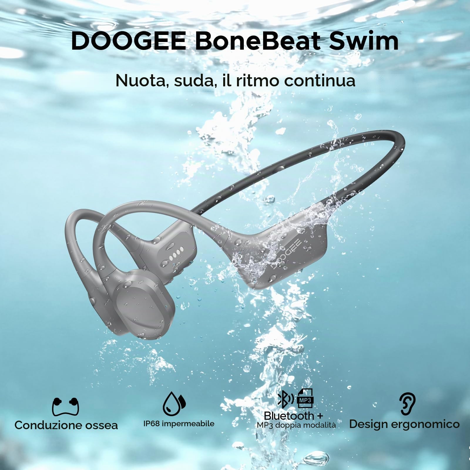 Cuffie Conduzione Ossea IP68 Impermeabili per Nuoto, Auricolari Sportive Bluetooth 5.4, MP3, 32GB, Comodo Silicone, Open-Ear per Corsa, Ciclismo, Palestra,Grigio