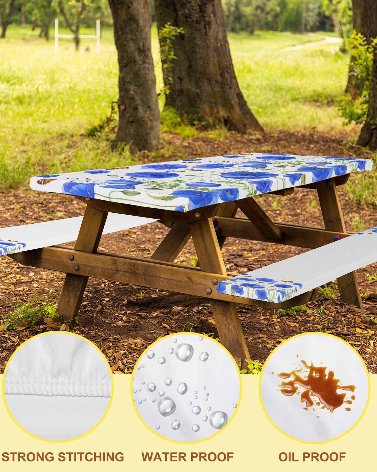ARTSHOWING Picnic Table Cover with Bench Covers Elastic Floral Tablecloth for 6 FT Table Waterproof Watercolor Red Poppy Flowers Blue Table Cover 72 Inch 3 Pcs Camping Essentials for Outdoor