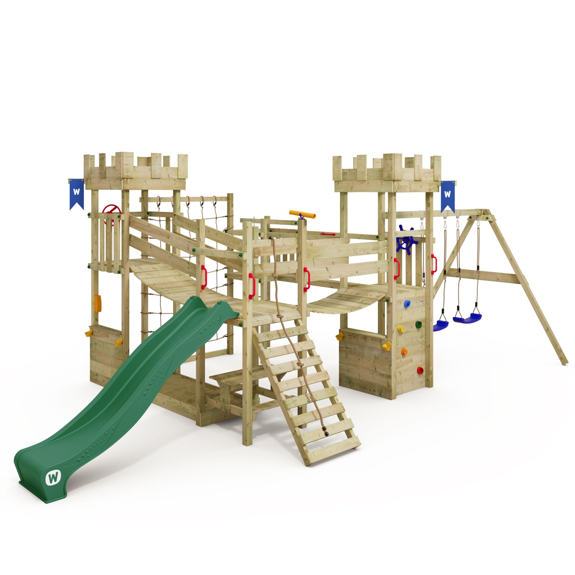 WICKEY Spielturm Ritterburg Smart Arch mit Schaukel & Grüner Rutsche, Outdoor Kinder Kletterturm mit Sandkasten, Leiter & Spiel-Zubehör für den Garten