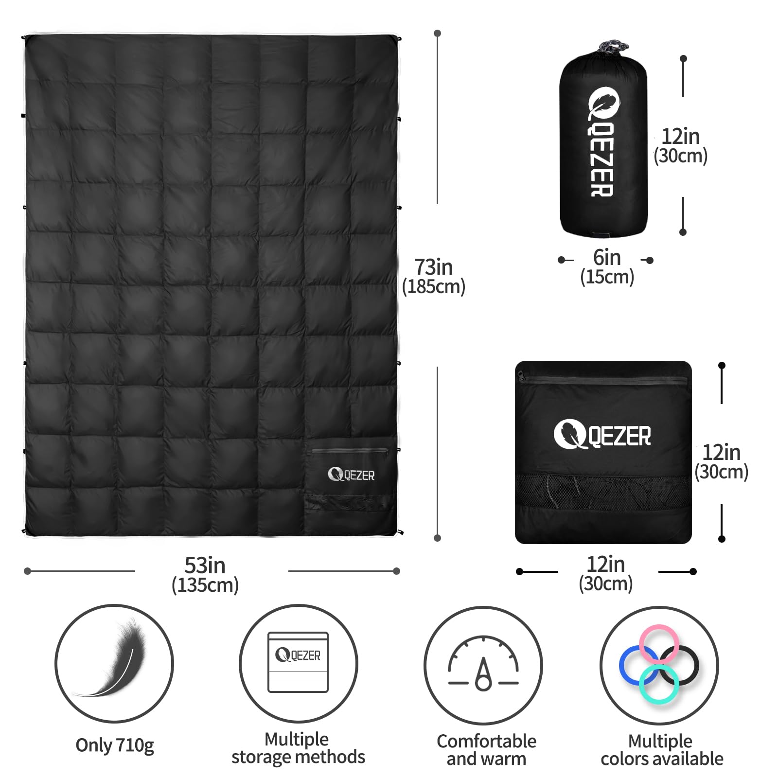 QEZER Down Camping Blanket Packable,600+Fill Power?Multi-Purpose Warm Camping Quilt for Outdoor Camping, Backpacking, and Hiking, 73x53 inches.?Black?