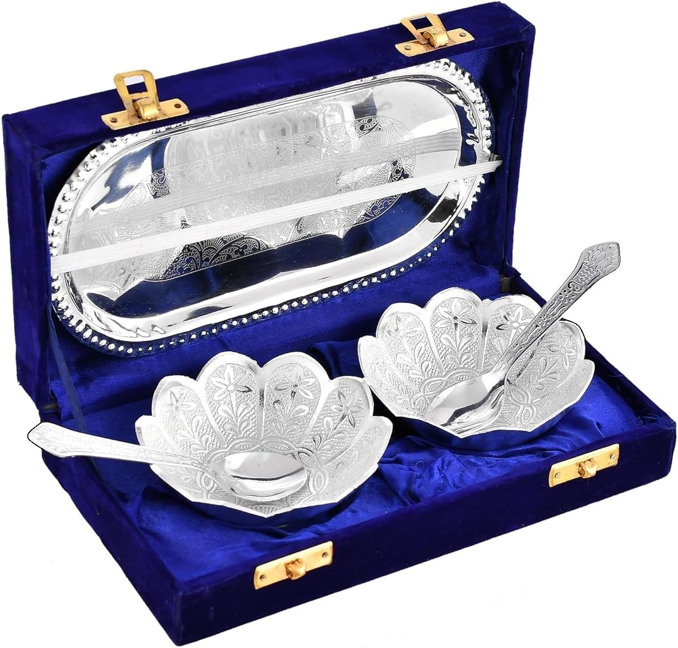 Silver Plated Bowl Spoon Tray Set Dry Fruits Dessert Serving Set Diwali Gifts Friends Family Home Decorative Corporate Christmas Wedding Return Gift Items 6 Sets