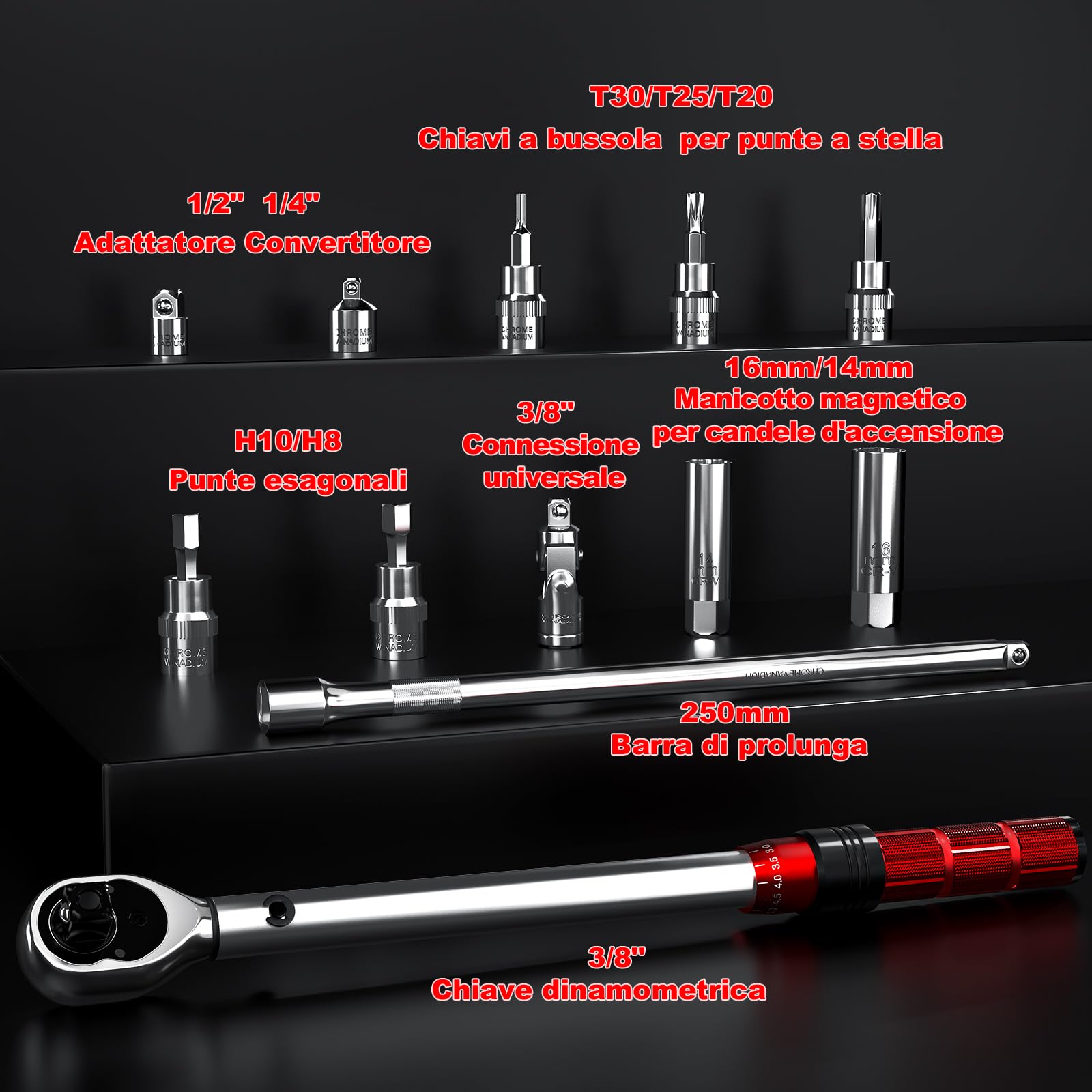 MOCINE Chiave dinamometrica 3/8", 5-60 Nm, set di chiavi dinamometriche per bicicletta e candela 13 pezzi, inclusa asta di prolunga da 250 mm, adattatore da 3/8" a 1/2" e 1/4", manicotto per candela