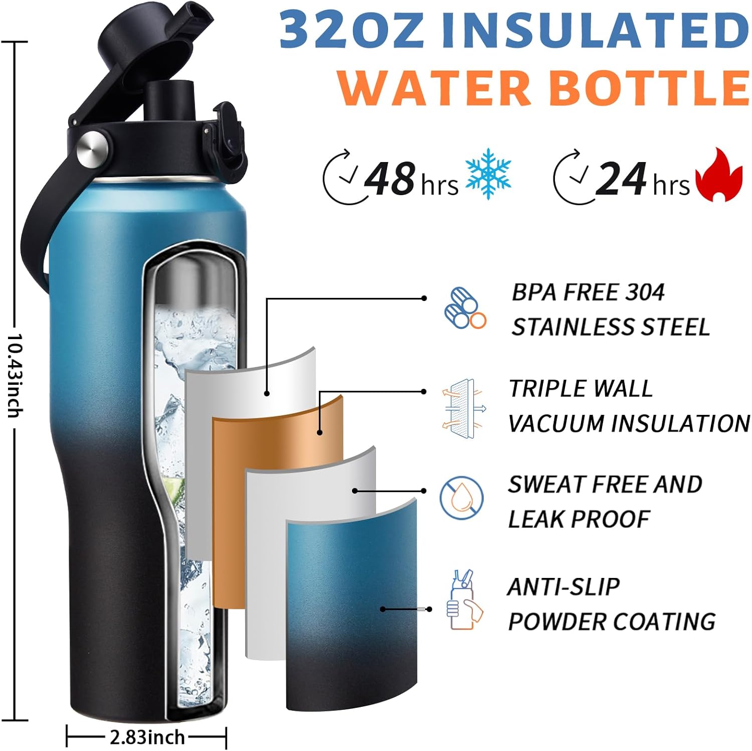 32oz 40oz Water Bottle Insulated - with Paracord Handle, Waterbottle with Straw & Auto Spout Lid, Insulated Water Cup Fit Car Cup Holder, Vacuum Travel Coffee Mug Iced Cold 48h or Hot 24h - Image 3