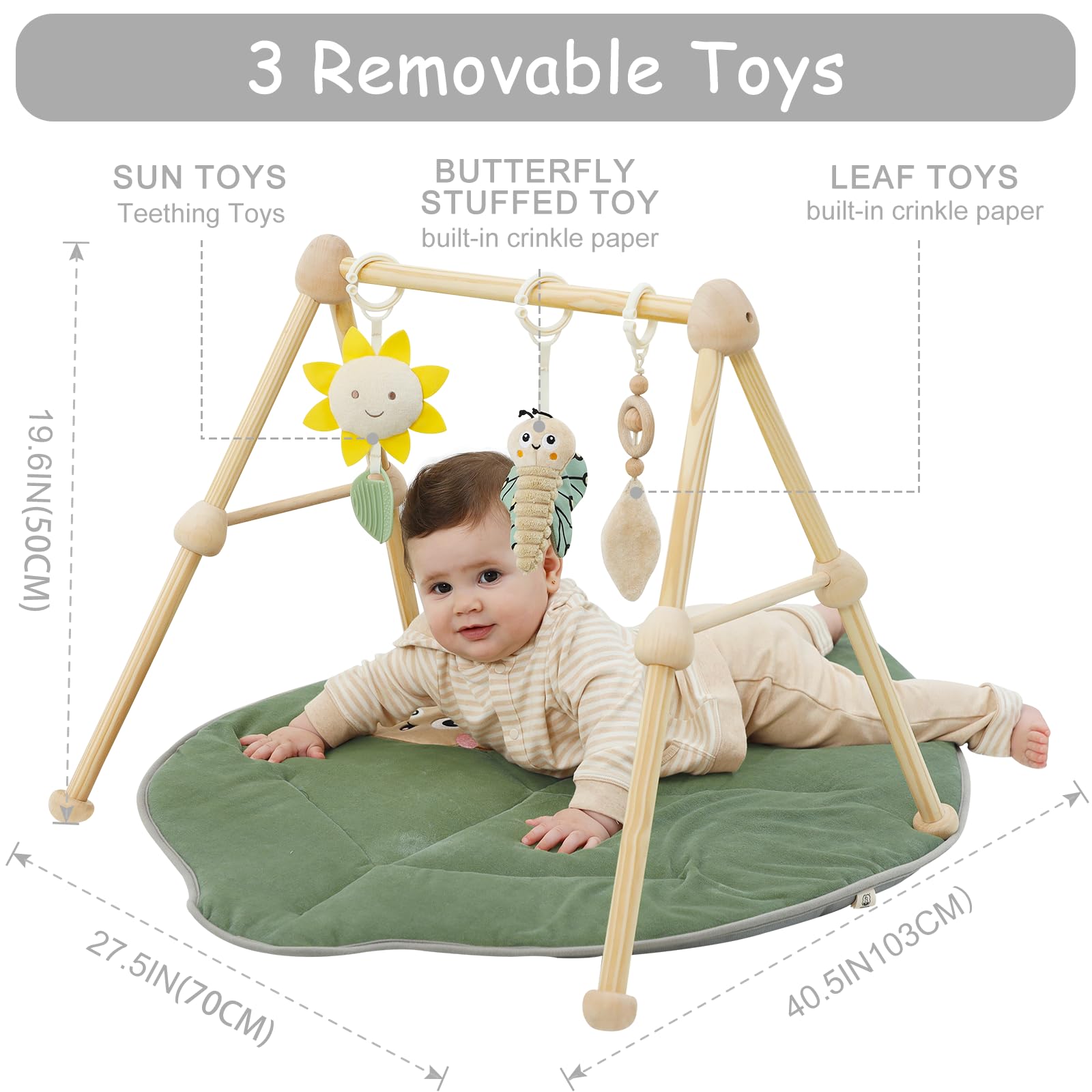 4 IN 1 Blatt Spielbogen Baby, Spielmatte Babies mit Natur Holz Activity Spielbogen, 3 abnehmbaren Spielzeugen zum Greifen, für ab 0-3-6-12-36 Monaten