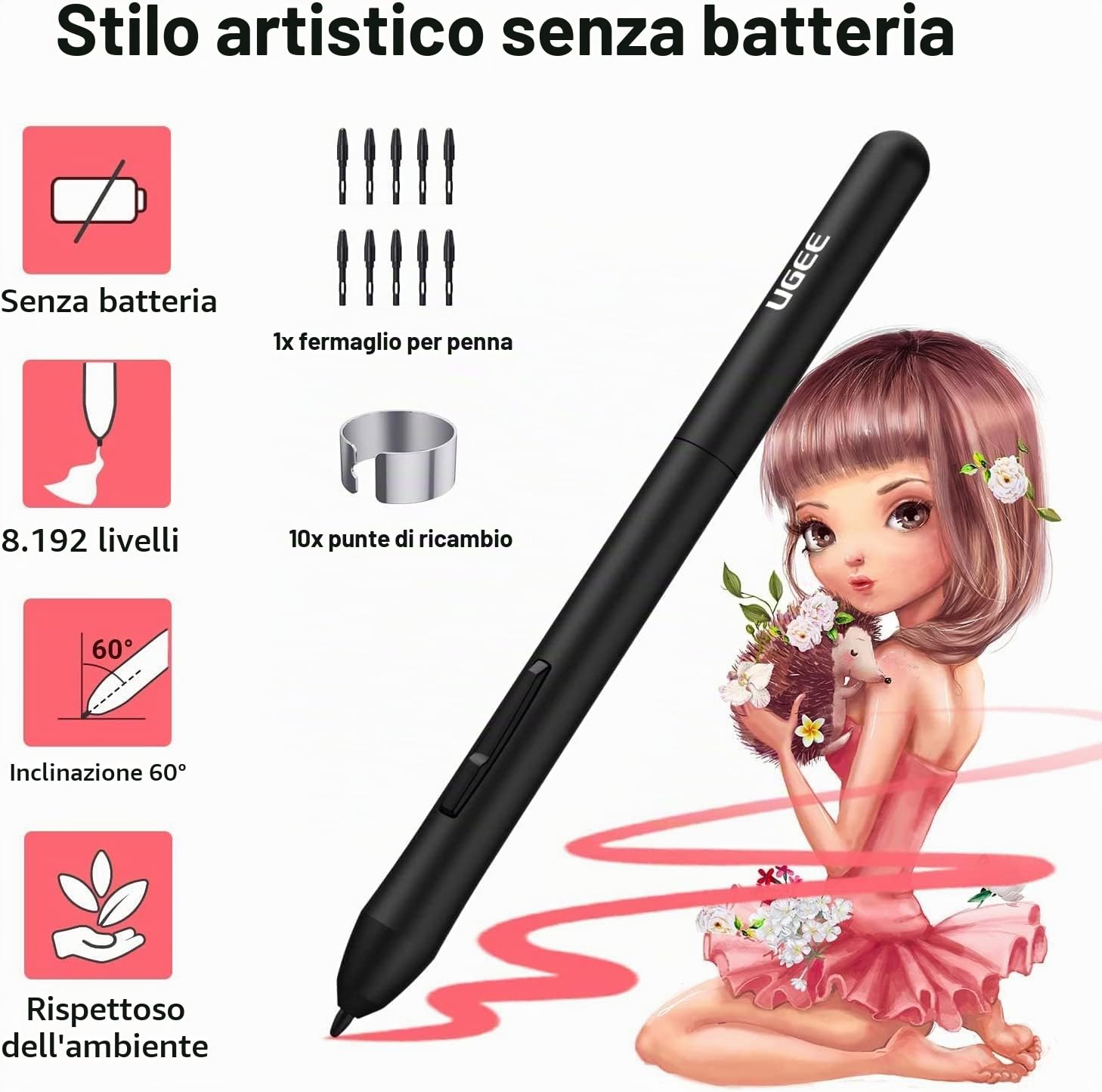 Tavoletta grafica UGEE S640 Tavoletta grafica ultrasottile digitale con funzione di inclinazione dello stilo senza batteria Sensibilità alla pressione 8192 Supporto Windows/Mac/Linux/Android