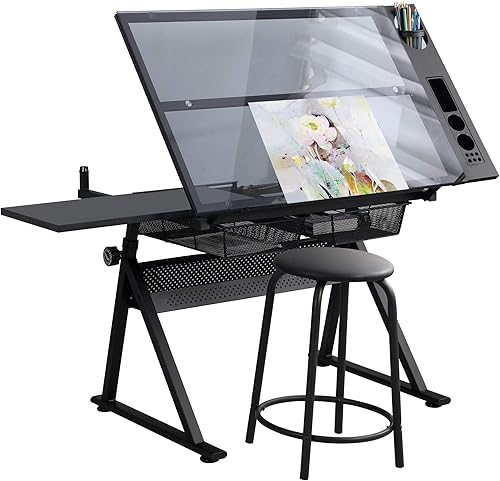 Mesa de dibujo de dibujo de dibujo de altura ajustable, mesa de arte, manualidades, escritorio, mesa de vidrio inclinable, mesa de trabajo, mesa de