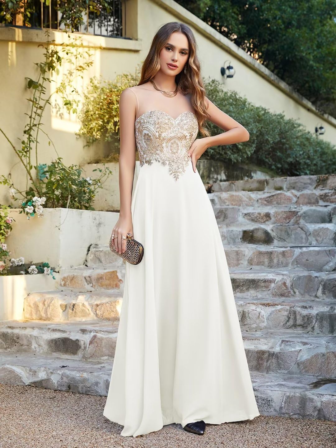 Misshow Robe de Soiree Femme Chic et Glamour Longue Robe de Mariée Ivoire Blanche 38