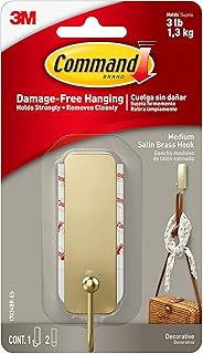 Command Medium Decorative, Damage Free Hanging Wall Hooks with Adhesive Strips, No Tools Wall Hooks for Hanging Decorations in Living Spaces, 1 Satin Brass Hook and 2 Command Strips
