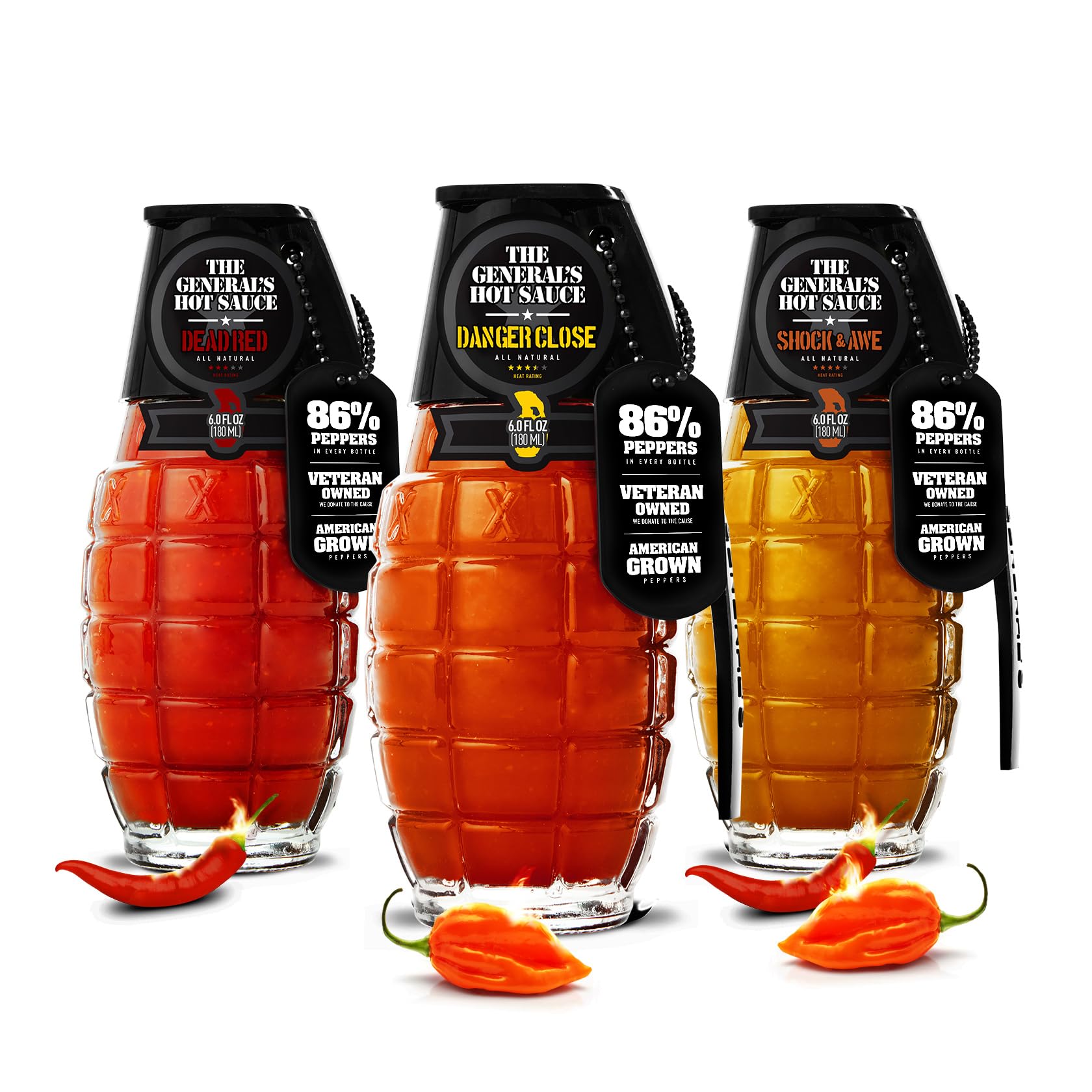 The General's Hot Sauce Love Heat Seeker Valentine's Day Gift Set - Gourmet Variety Pack with Habanero & Cayenne Peppers - All-Natural, American Grown, Veteran-Owned, 3-Pack (6oz Bottles)