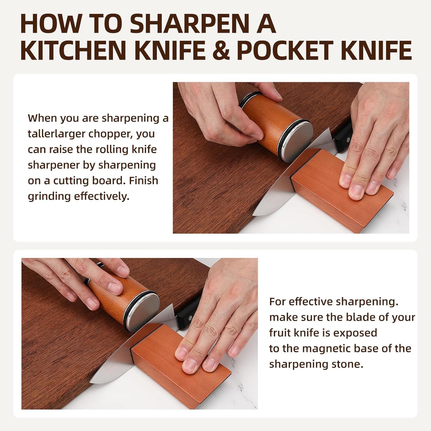 Rolling Knife Sharpener Kit - Compact Wooden Sharpener with 15° & 20° Magnetic Angle | Diamond Disc Knife Honing Tool | Professional Kitchen Use | Safe Sharpening for Home Cooking