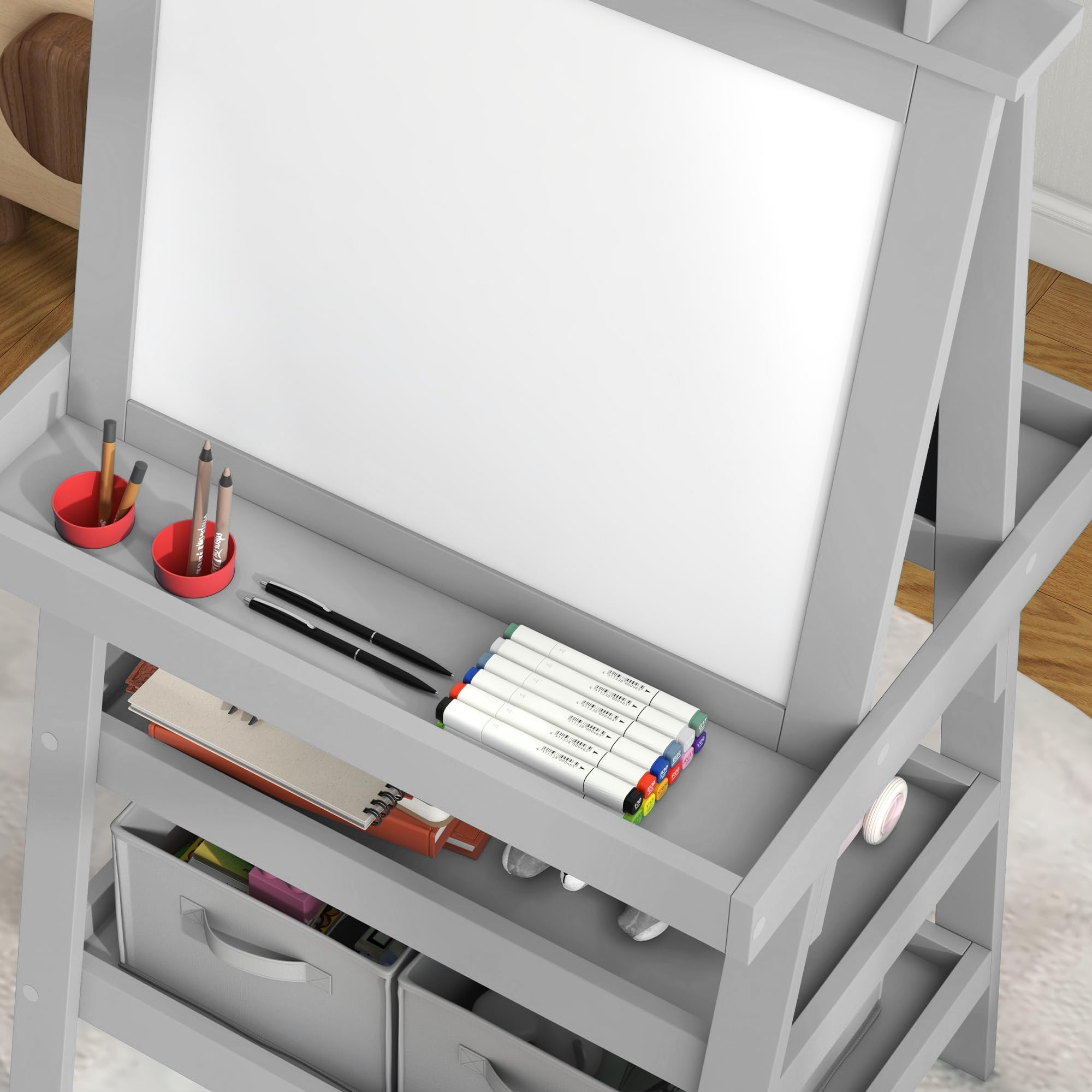 AIYAPLAY Pizarra Infantil Caballete 3 en 1 Pizarra Infantil de Doble Cara Magnética Caballete de Pintura para Niños con Rollo de Papel y Cestas de Almacenamiento 59x48x118 cm Gris