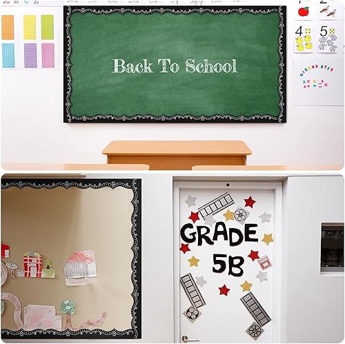 Miniatura 4 de Eaasty Borde de tablero de anuncios de 69 pies, borde de tiza, fondo negro, borde festoneado, para decoración de pared de aula (estilo oscuro)