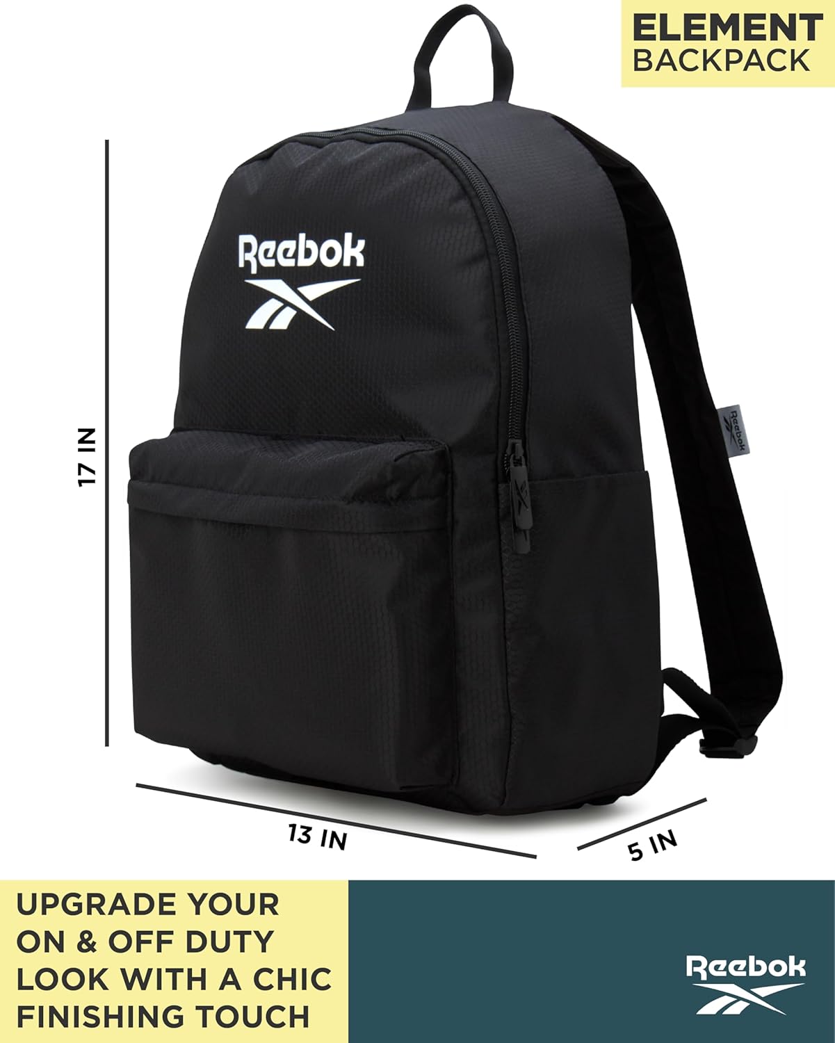Reebok Element Backpack - Multipurpose Lightweight Carry On Everyday Bag for School Gym and Travel Backpack for Men & Women, Element Black With White Logo - Image 3