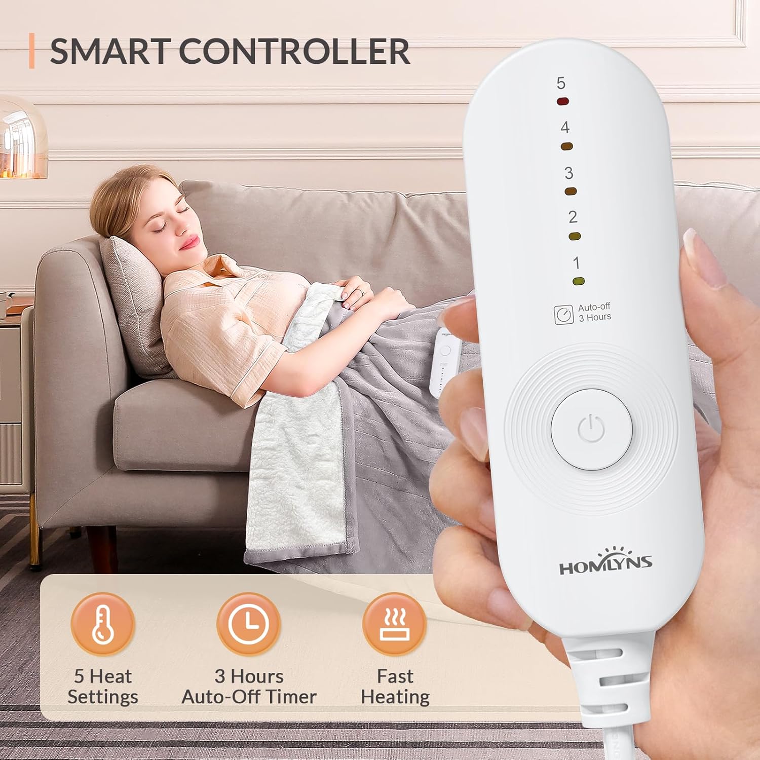 HOMLYNS LuxeHeat Heated Blanket Electric Blanket, Soft Flannel Sherpa Heated Throw, Heating Blanket with 5 Heat Settings, 3 hrs Timer Auto Shut Off (50x60 inches, Taupe) - Image 2